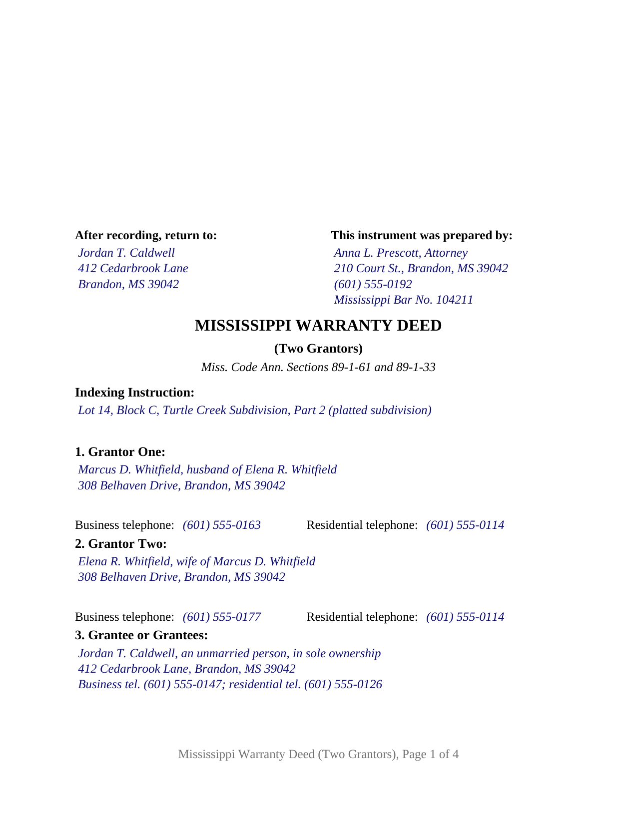 Noxubee County Completed Example of the Warranty Deed (Two Grantors) Document