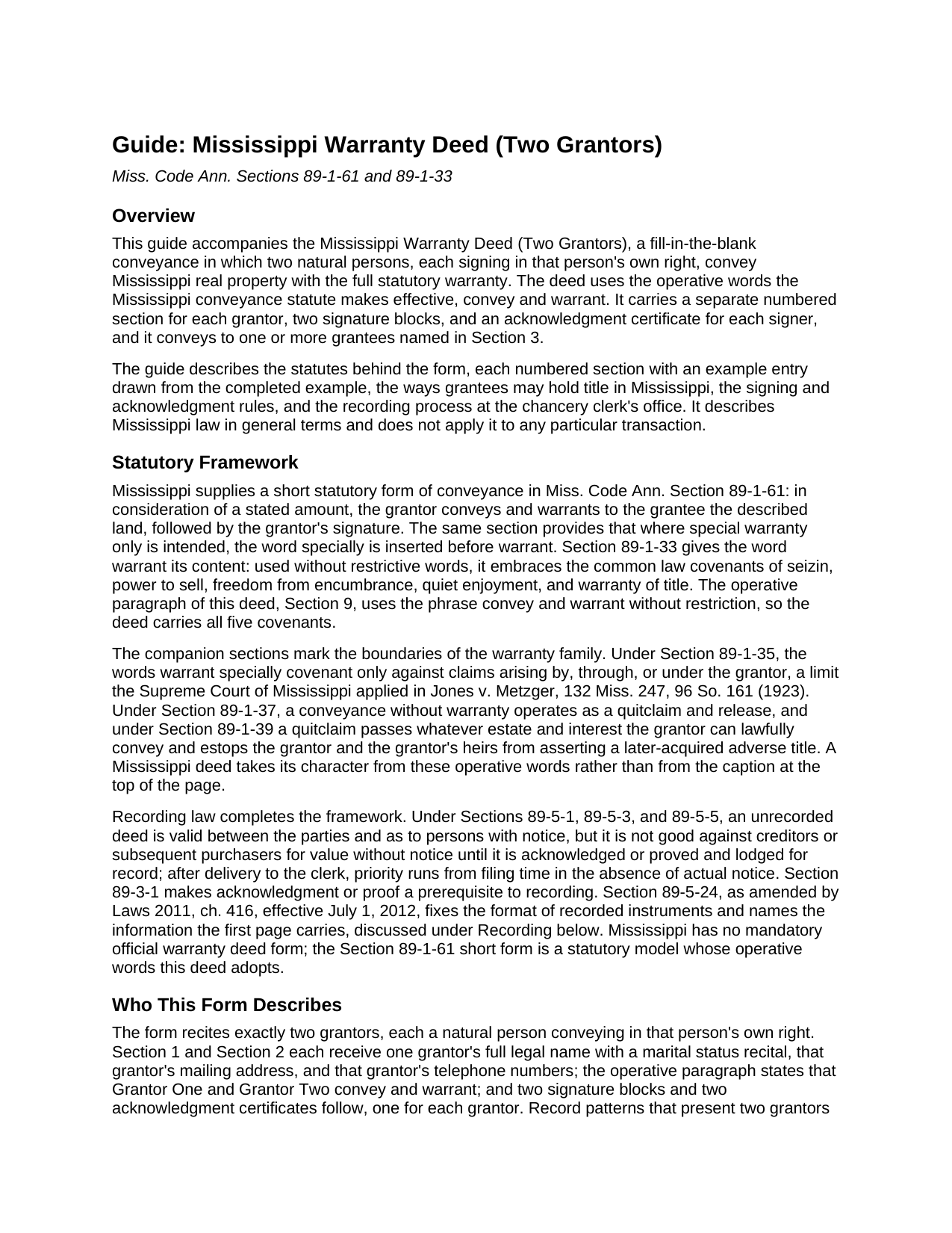 Noxubee County Warranty Deed (Two Grantors) Guide