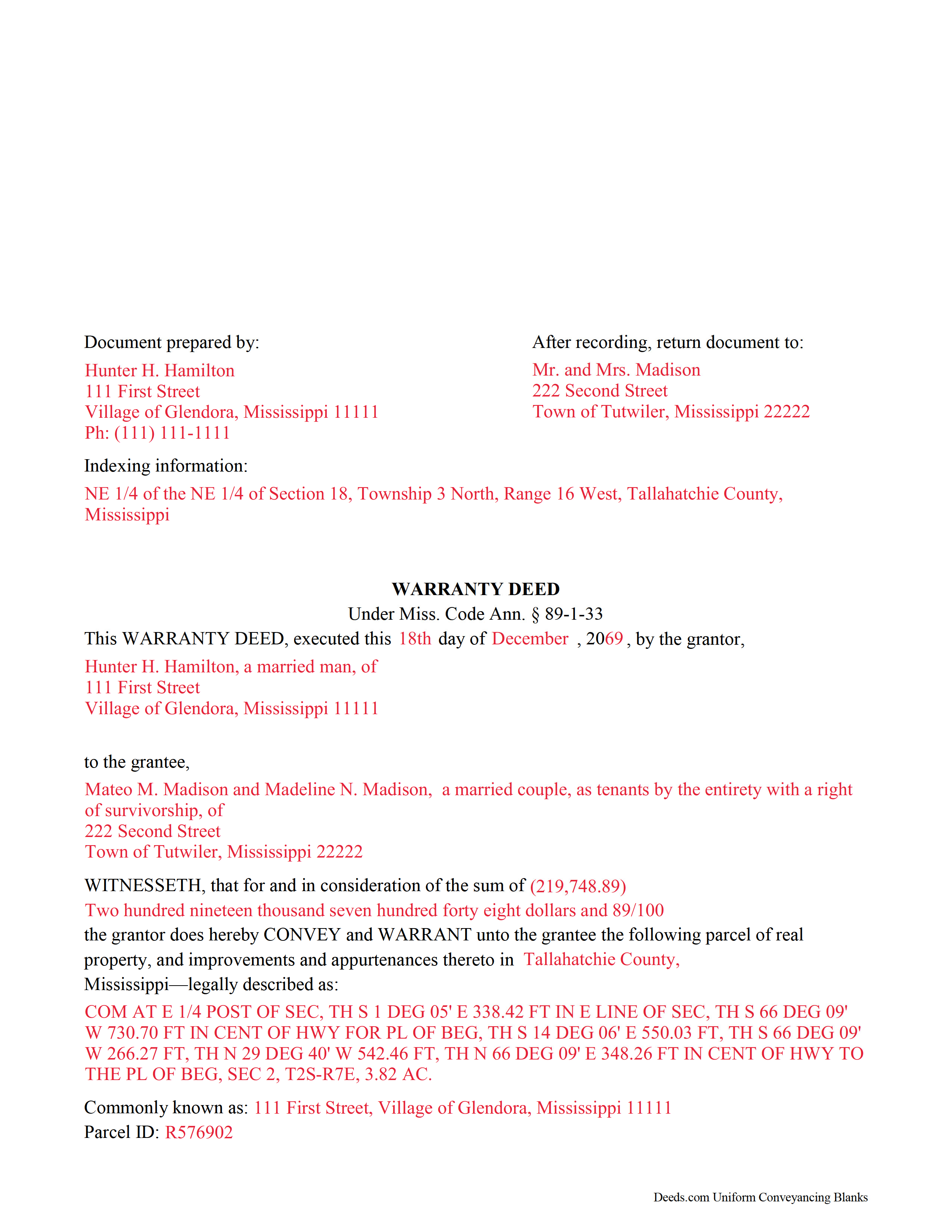 Madison County Completed Example of the Warranty Deed Document