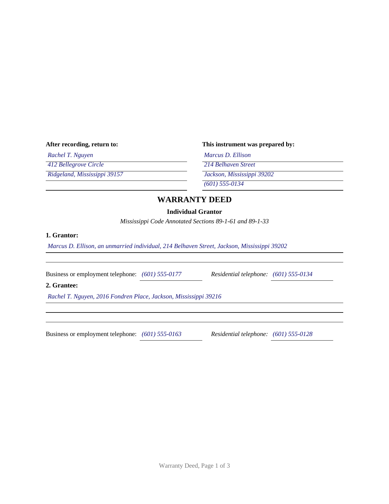 Clay County Completed Example of the Warranty Deed Document