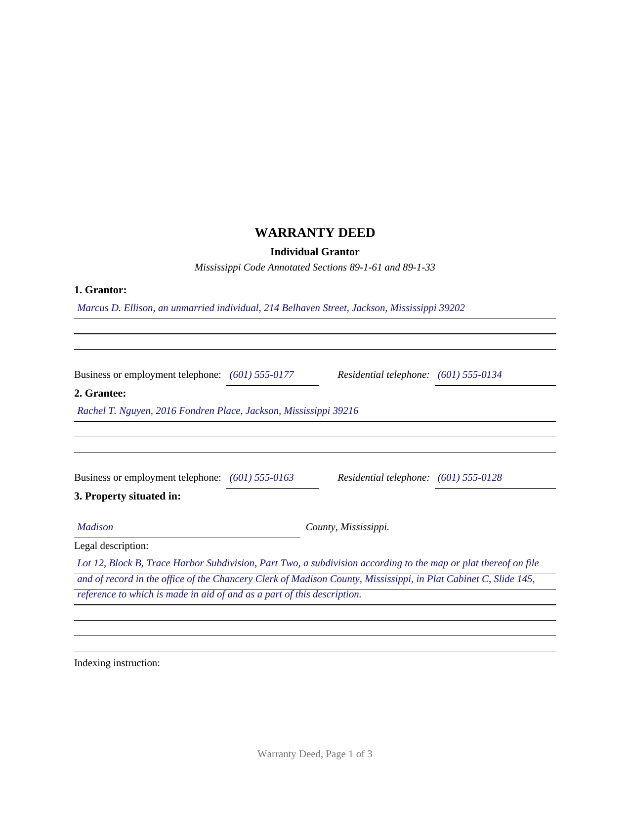 Rankin County Completed Example of the Warranty Deed Document