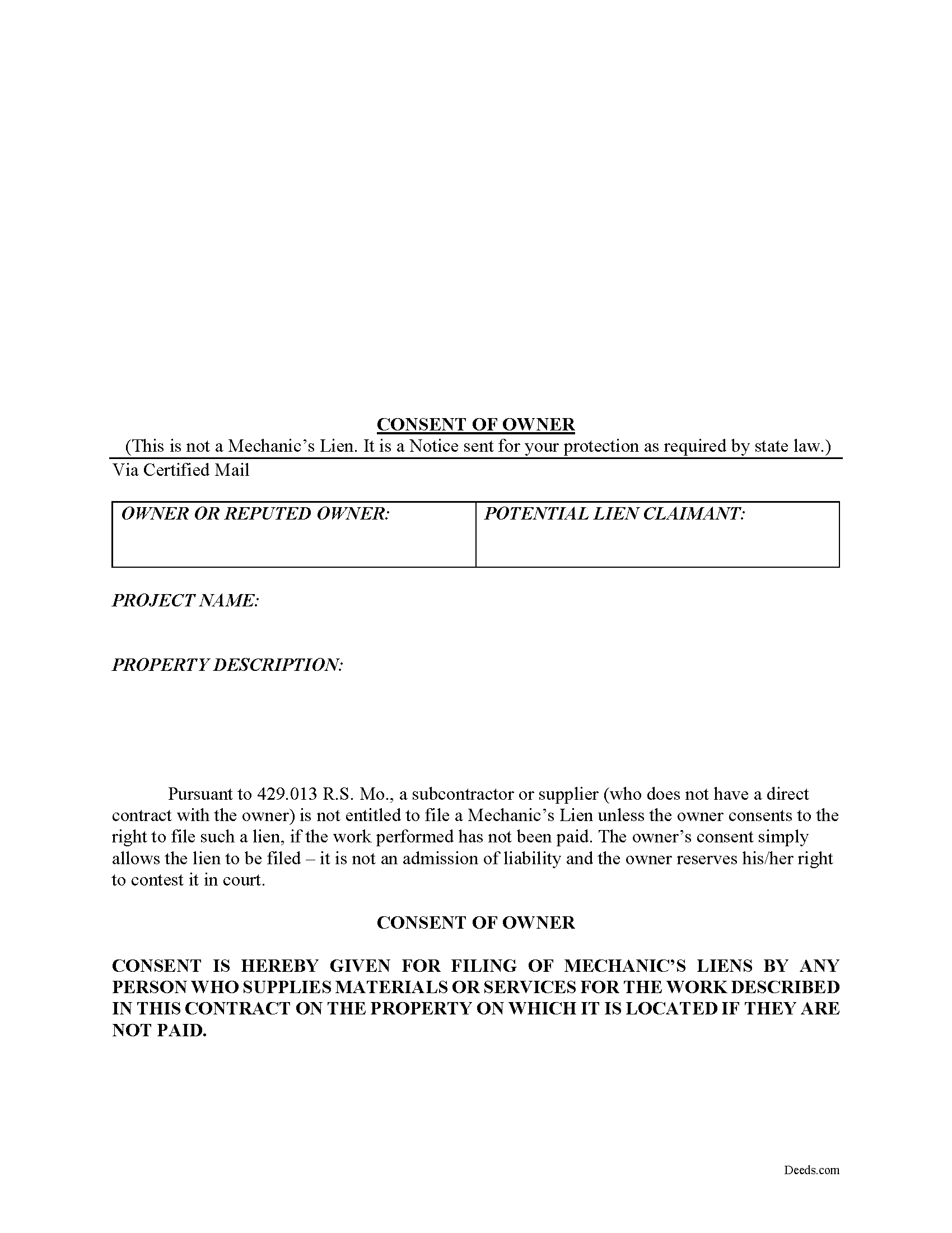 Missouri Consent of Owner Image