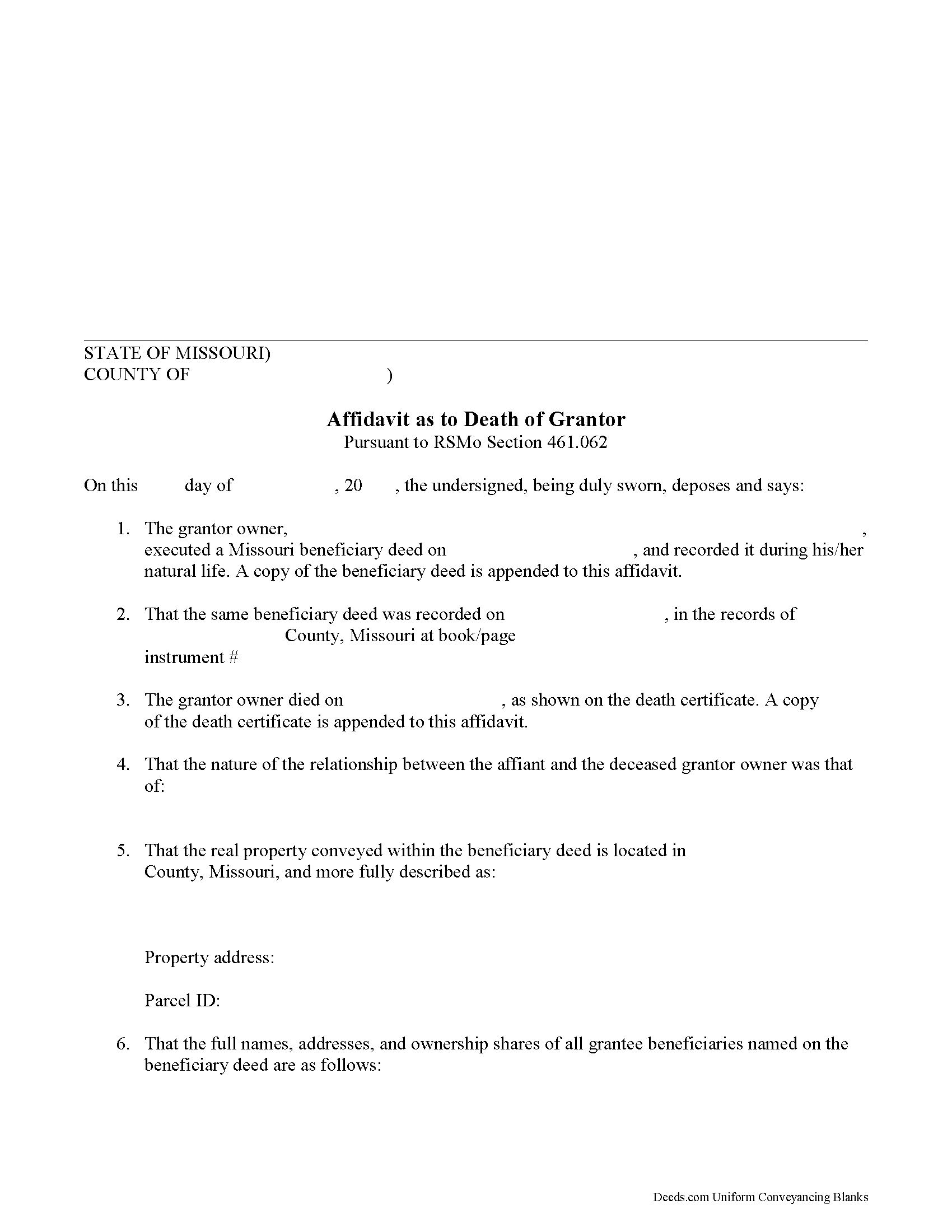 Shelby County Affidavit as to Death of Grantor Form