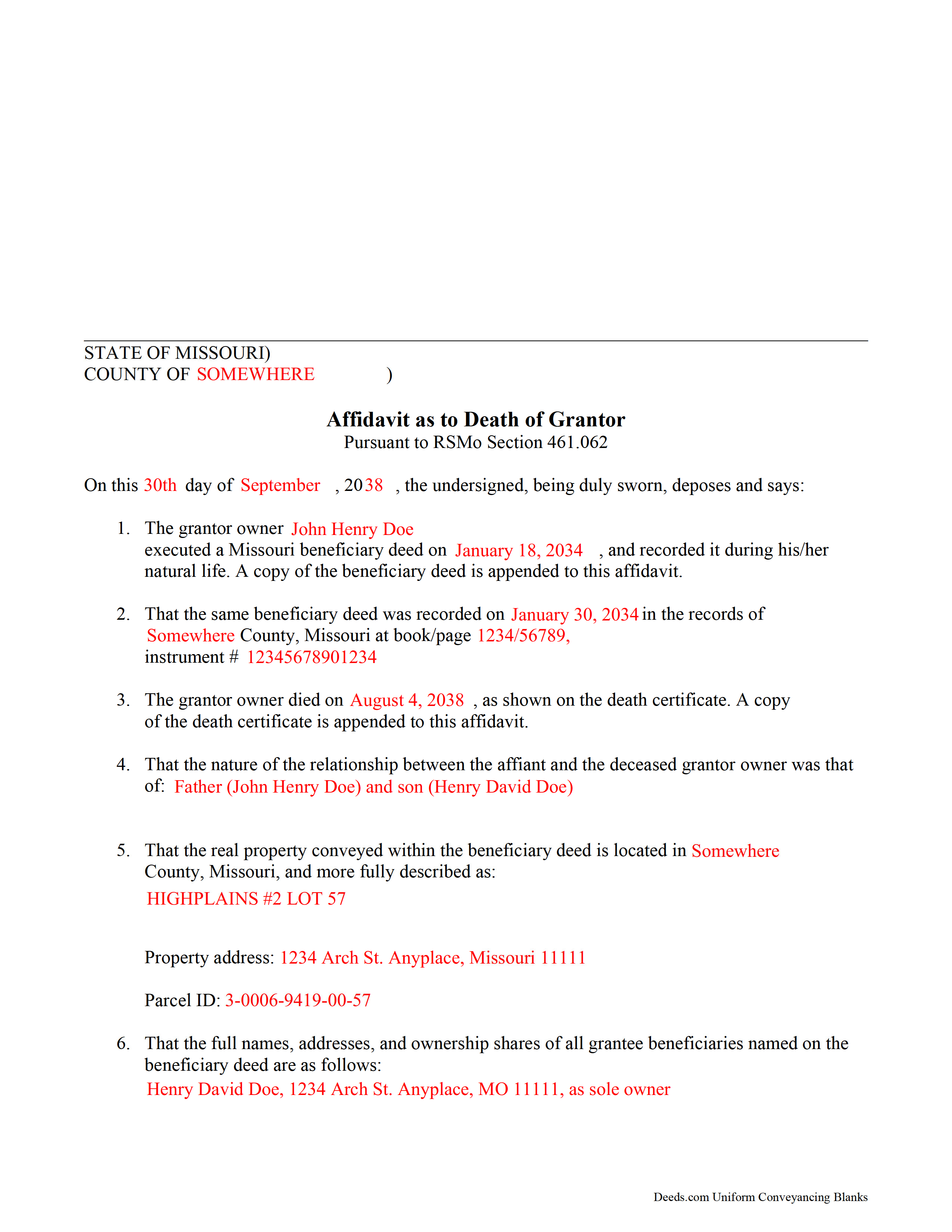 Completed Example of the Affidavit as to Death of Grantor Document