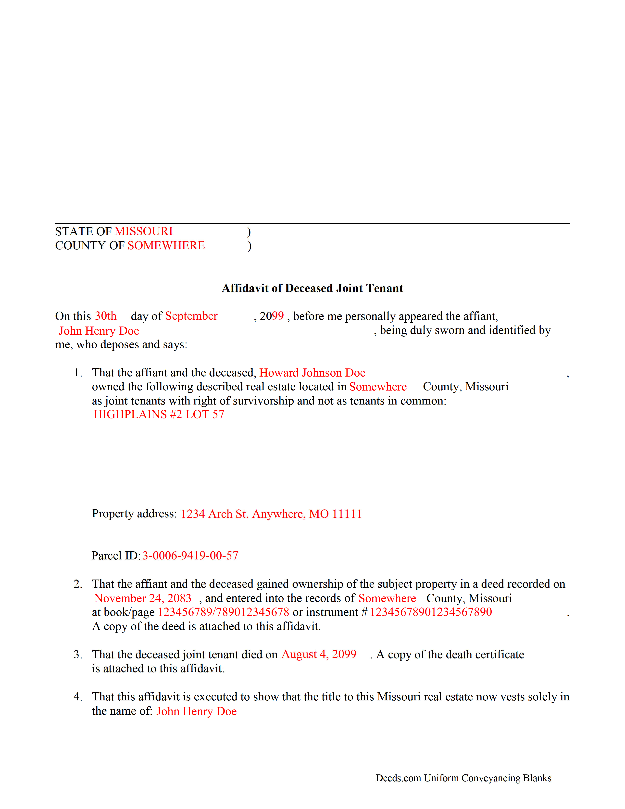 Completed Example of the Affidavit of Deceased Joint Tenant Document