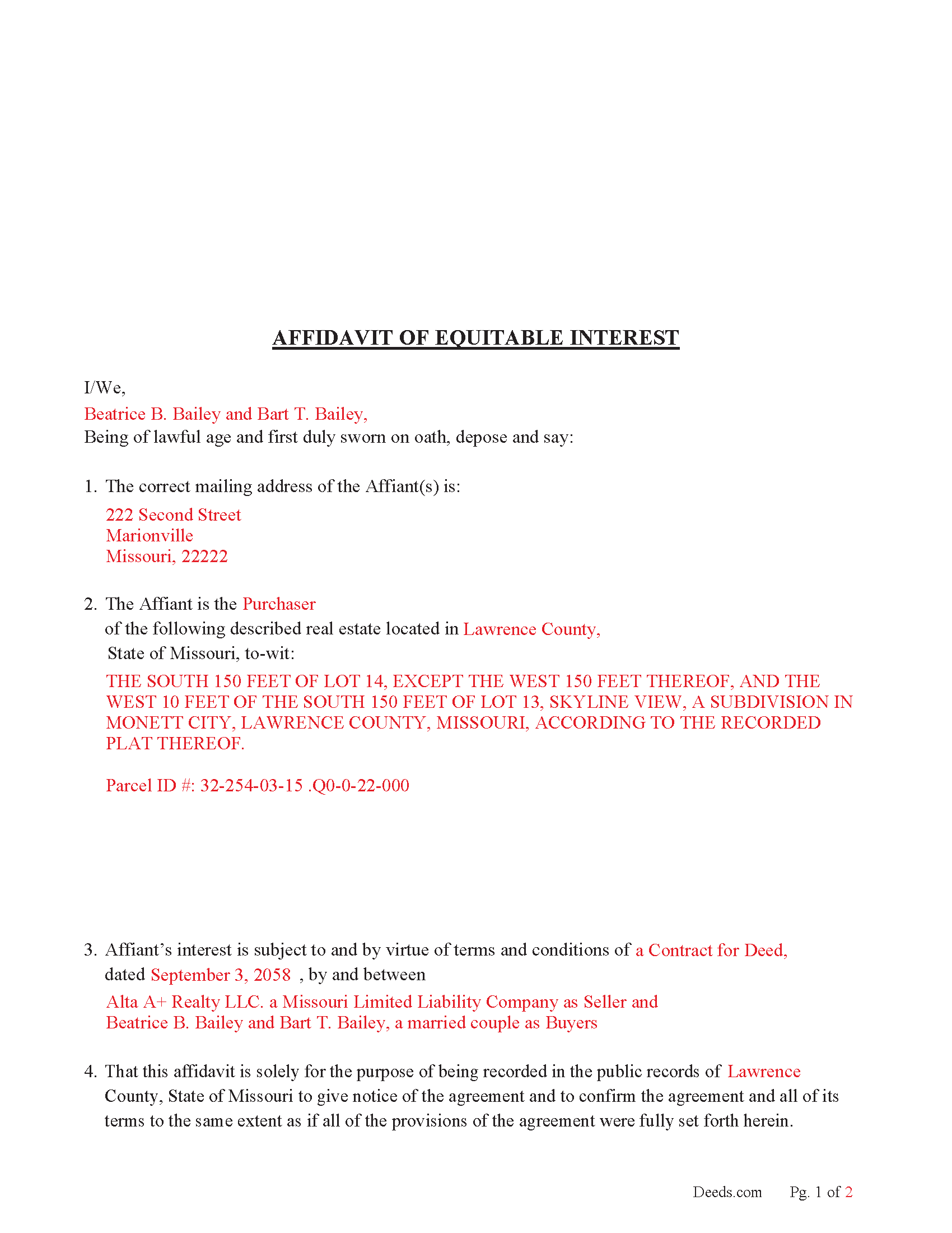 Warren County Completed Example of the Affidavit of Equitable Interest Document