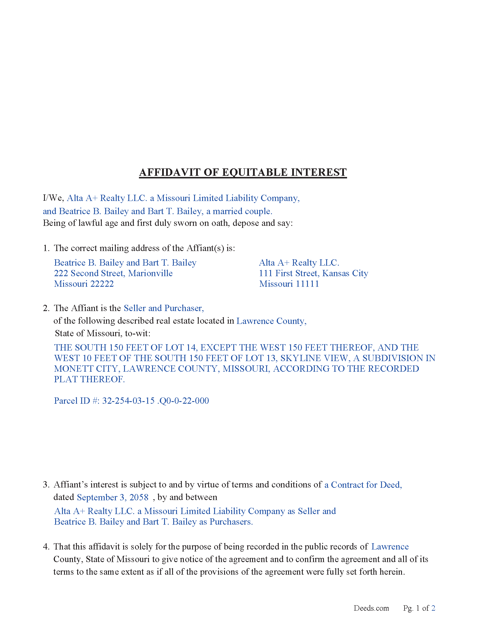 Warren County Completed Example of the Affidavit of Equitable Interest Document