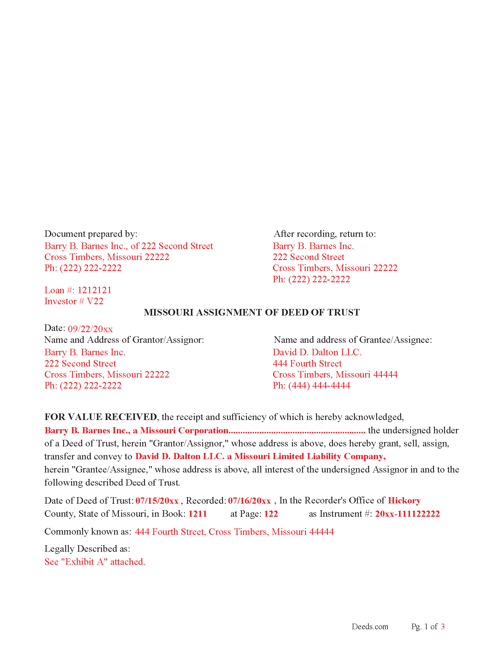Warren County Completed Example of the Assignment of Deed of Trust Document