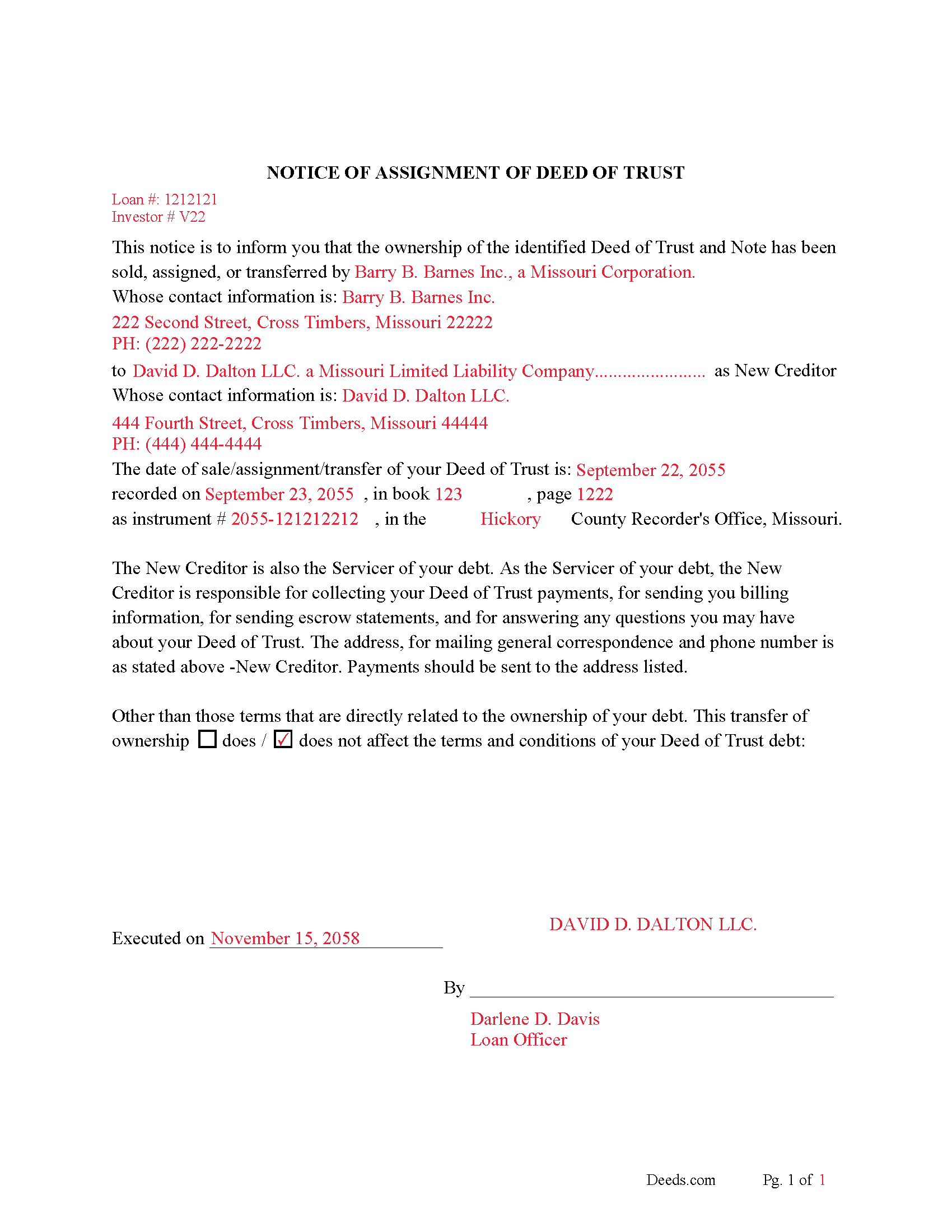 Completed Example of Notice of Assignment Document