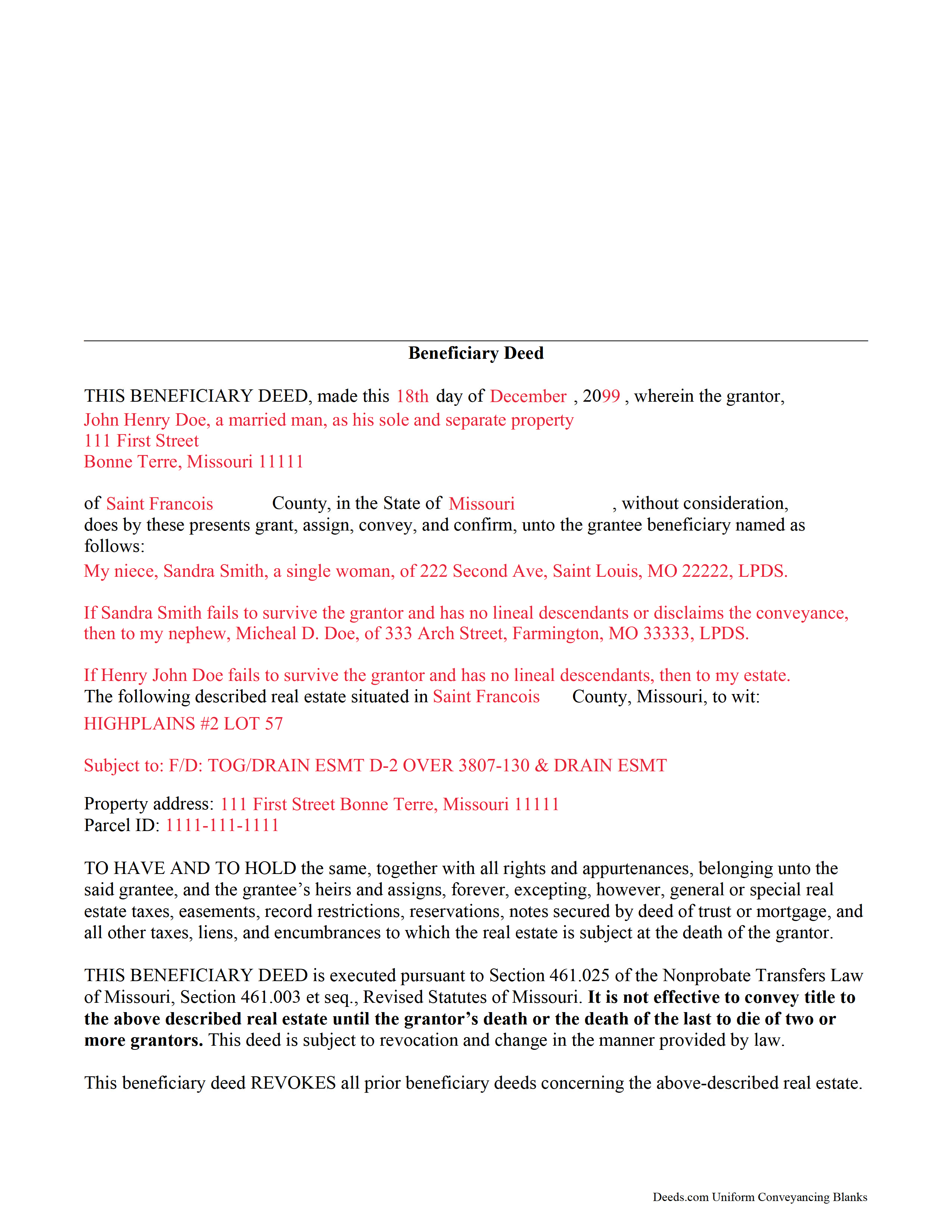 Bates County Completed Example of the Beneficiary Deed Document