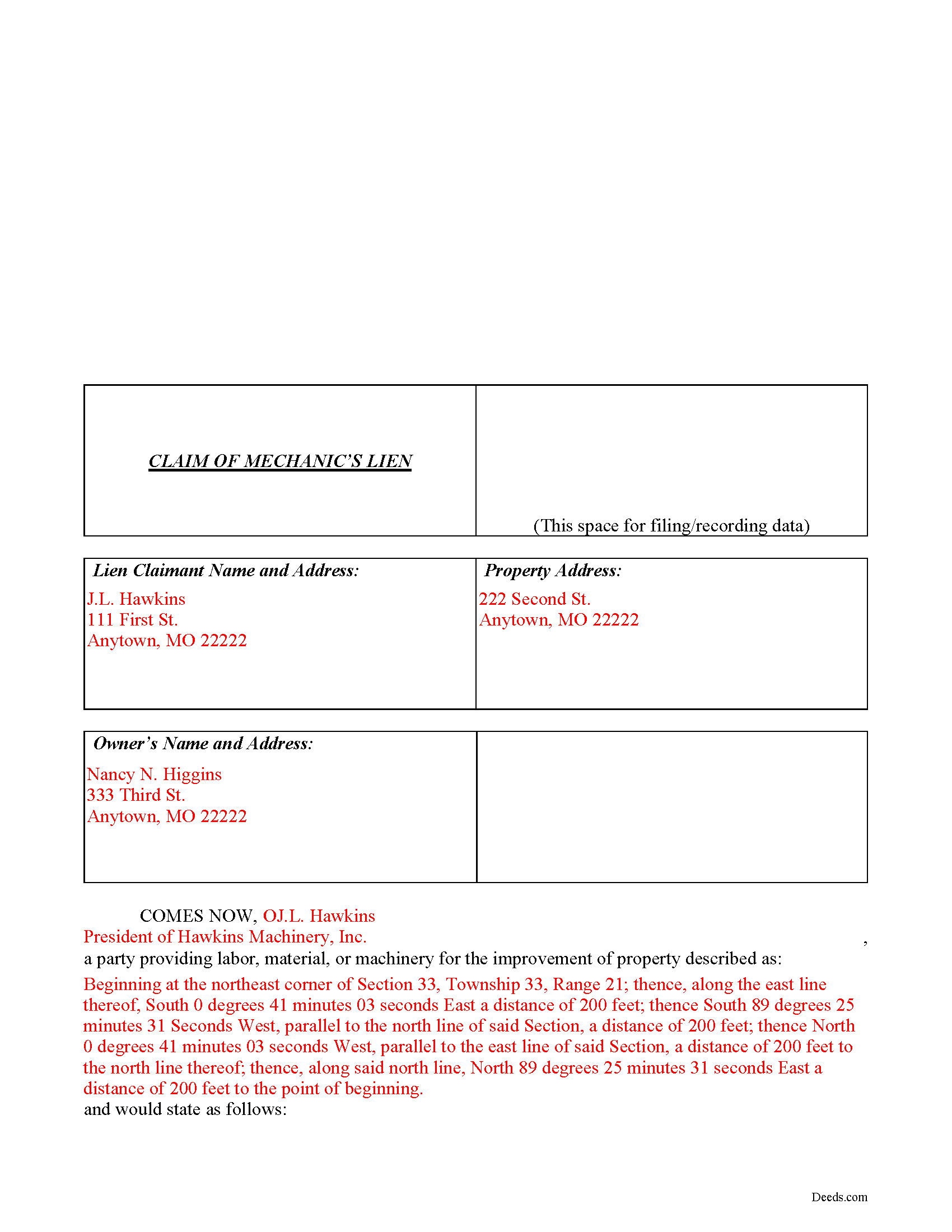 Lafayette County Completed Example of the Claim of Mechanics Lien Document