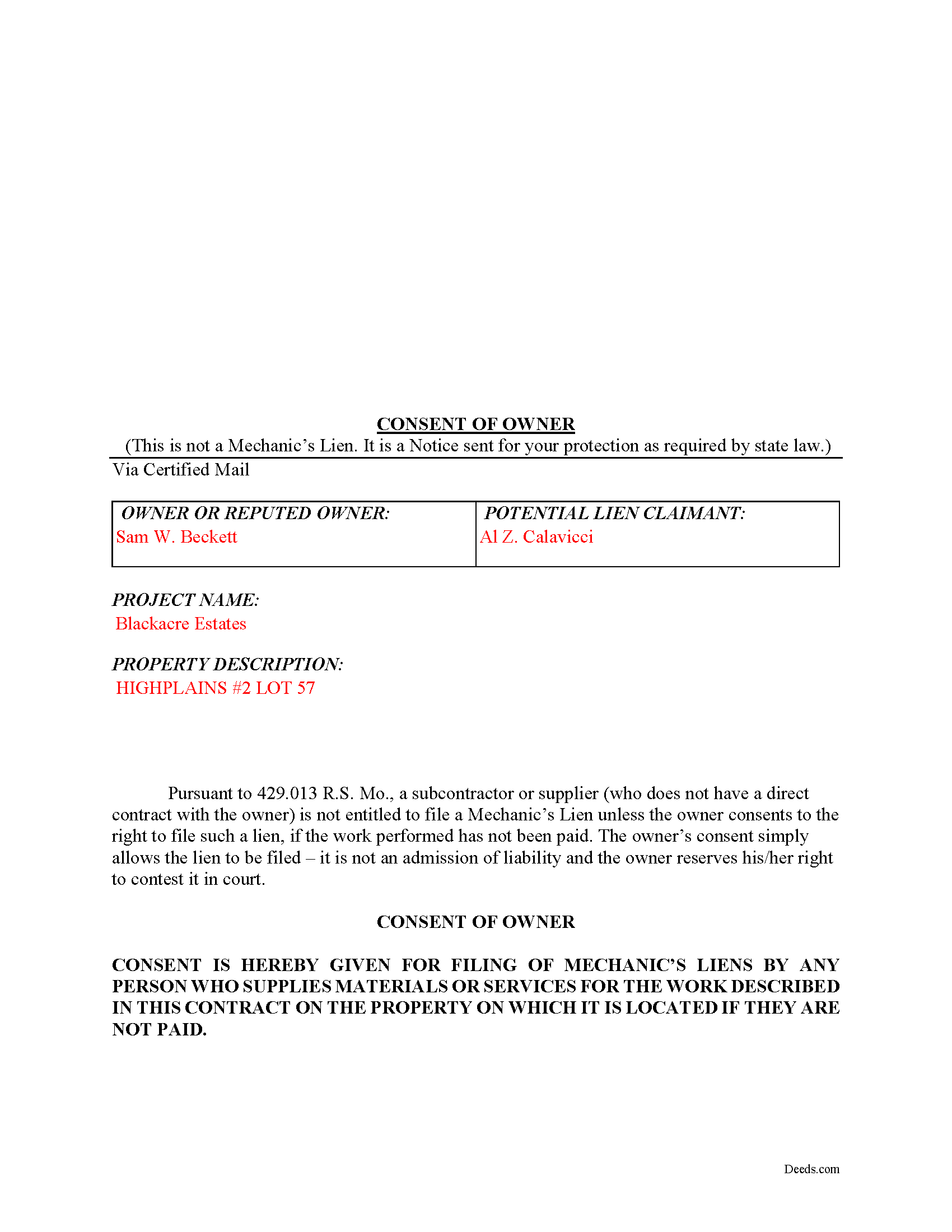 Shelby County Completed Example of the Consent of Owner Document