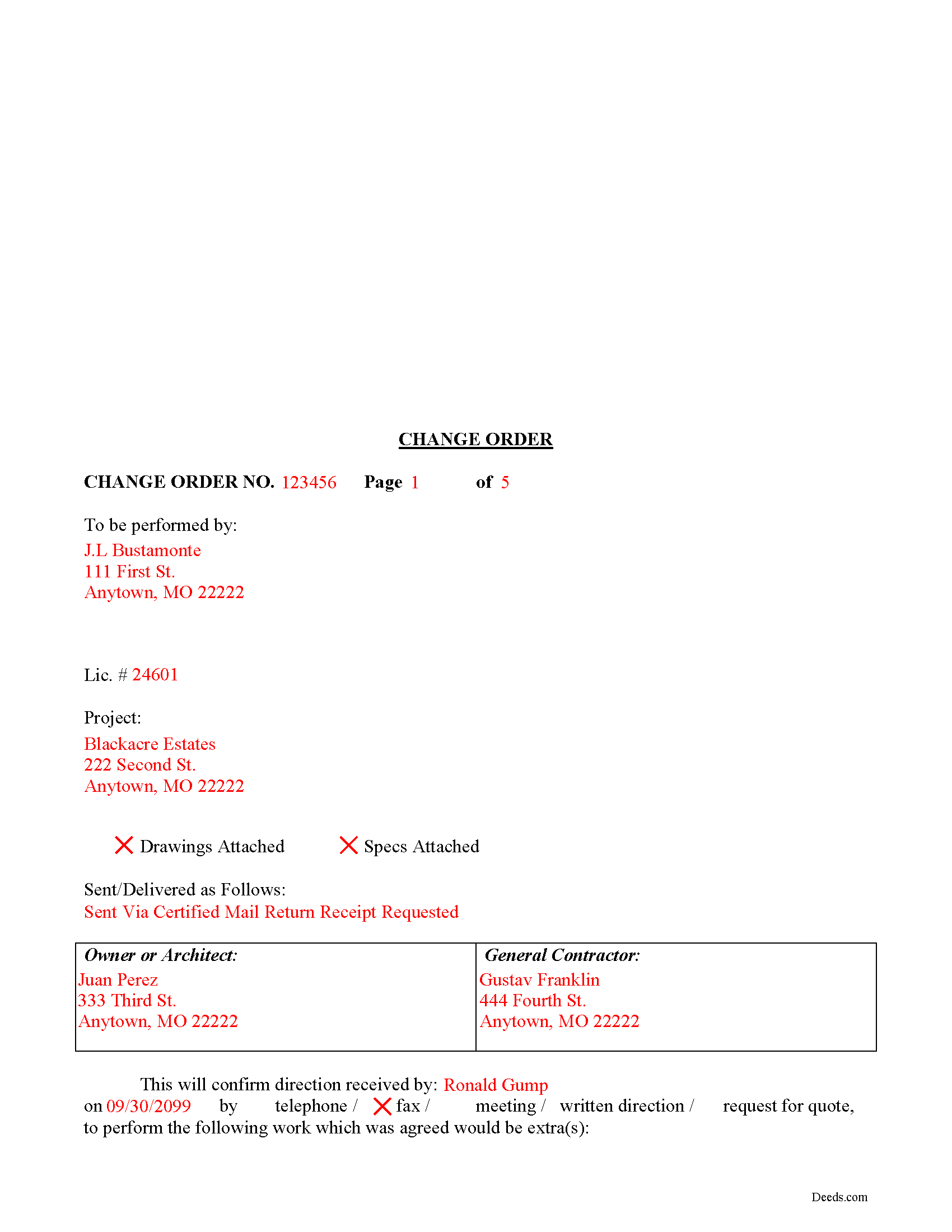 Completed Example of the Change Order Document