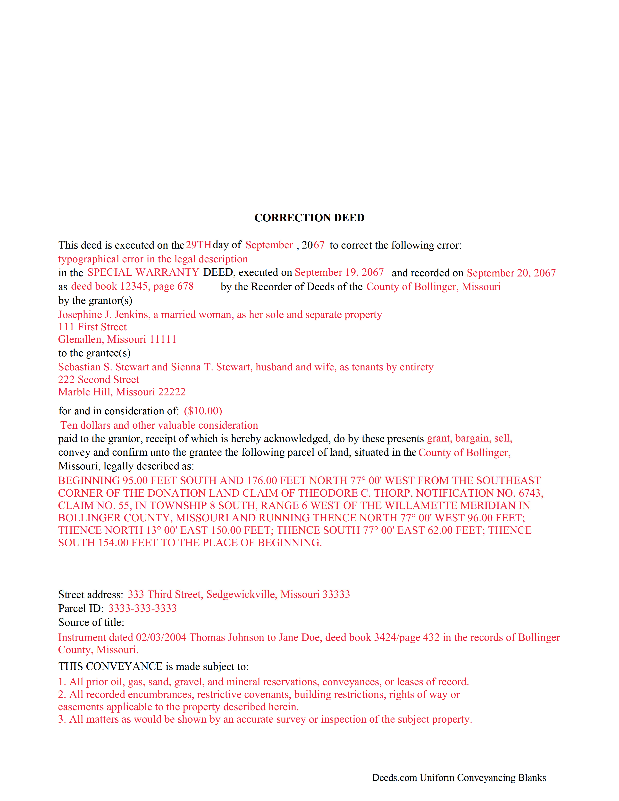 Bollinger County Completed Example of the Correction Deed Document