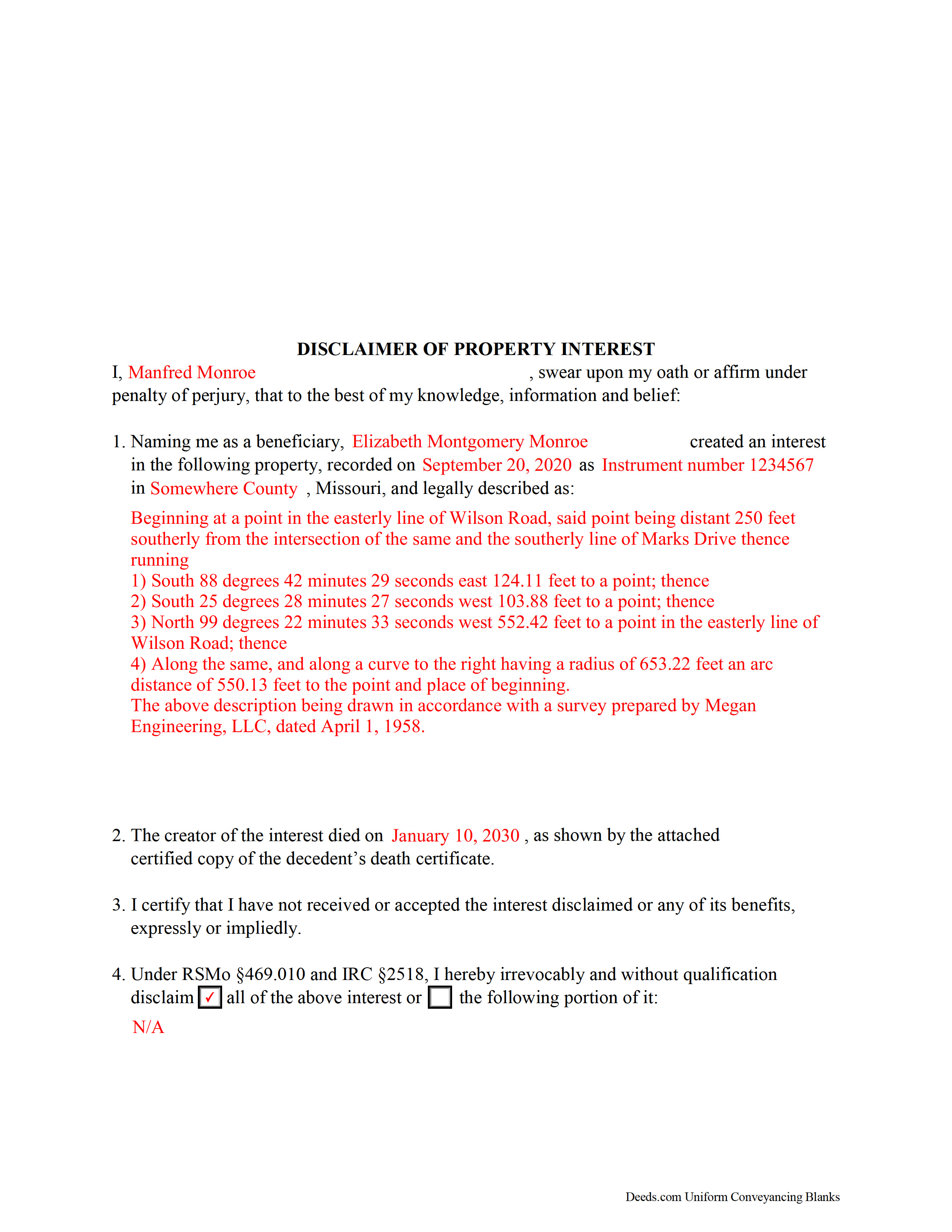 Completed Example of the Disclaimer of Interest Document