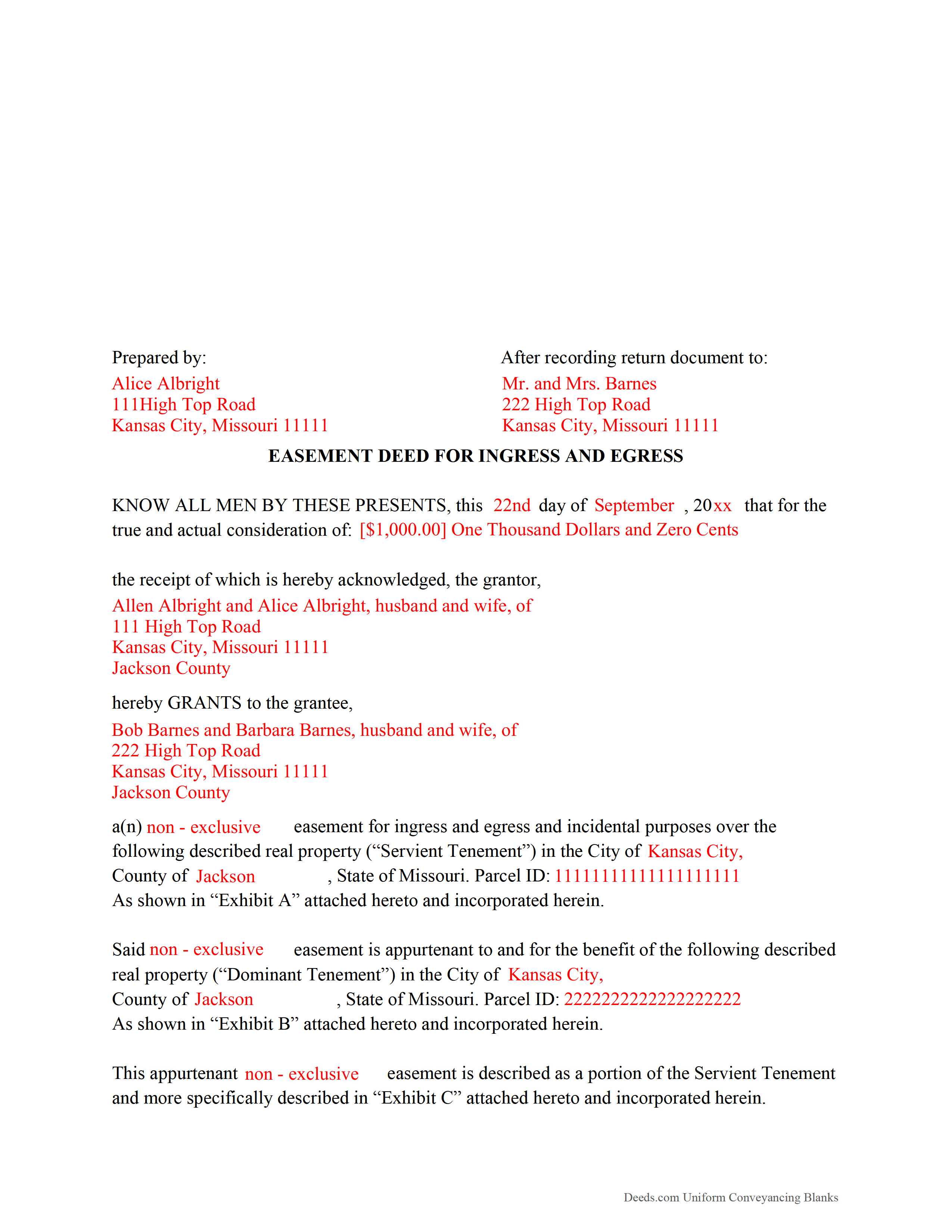 Shelby County Completed Example of the Easement Deed Document