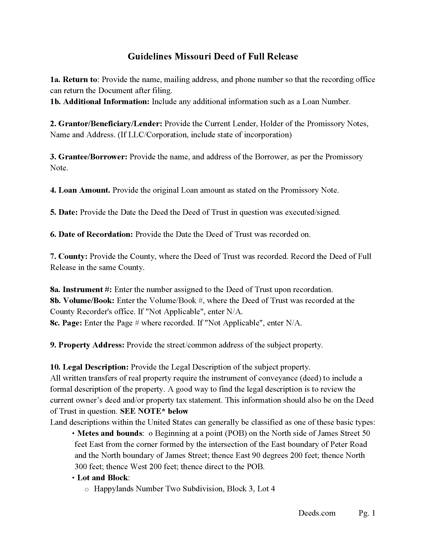 Pettis County Full Deed of Release Guidelines