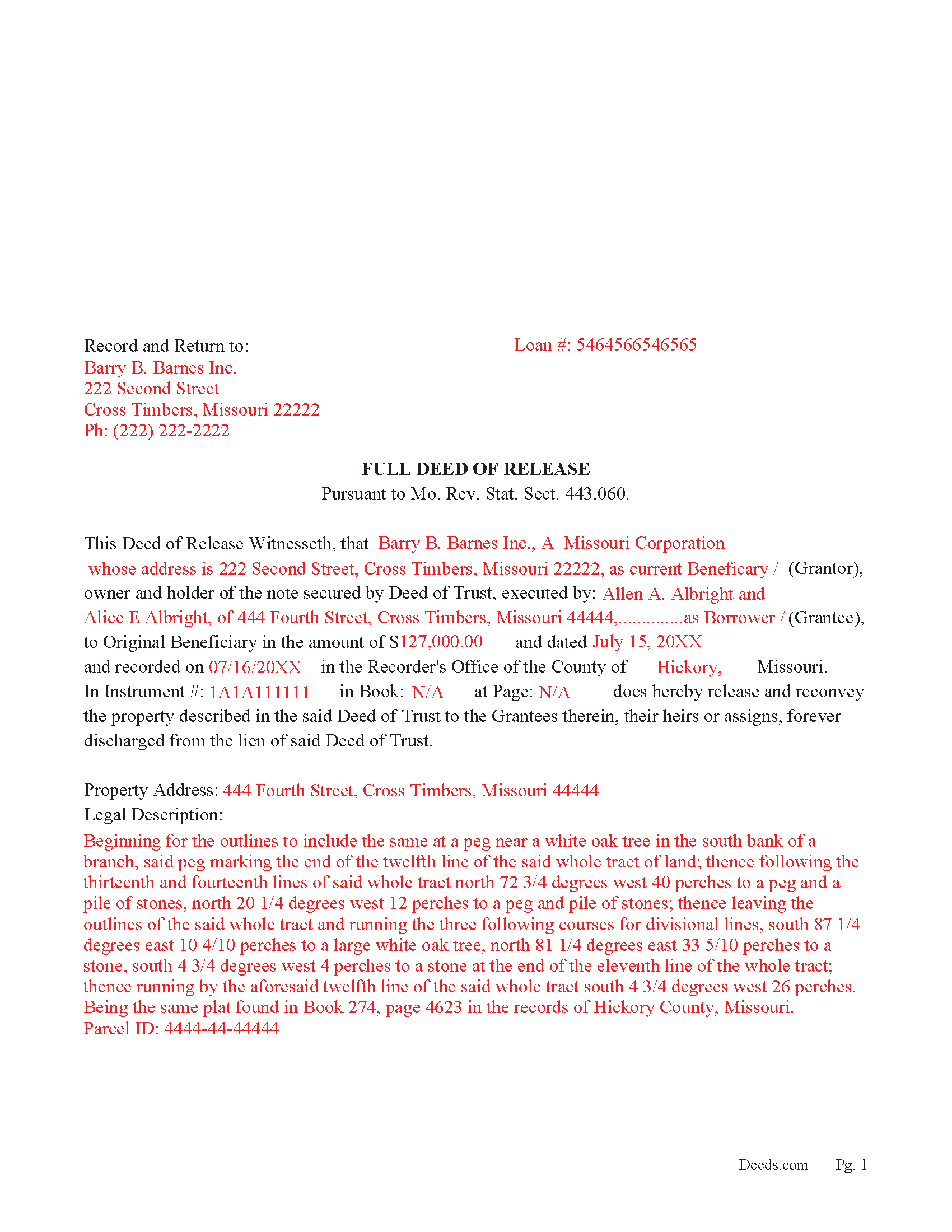 Pettis County Completed Example of the Full Deed of Release