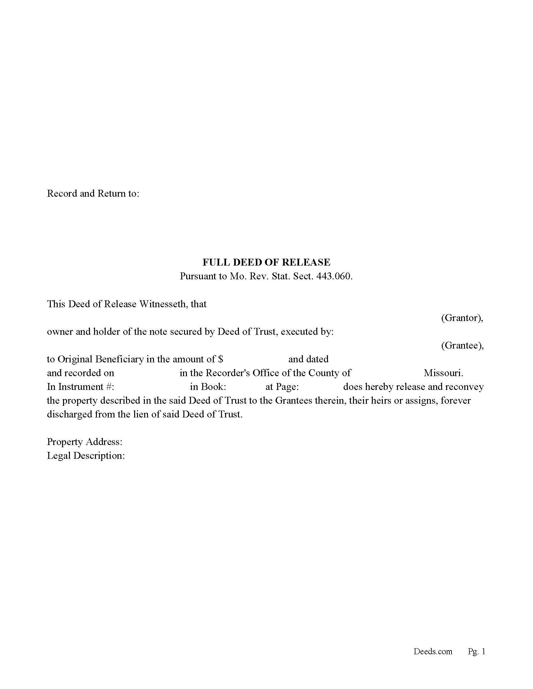Pettis County Full Deed of Release Form