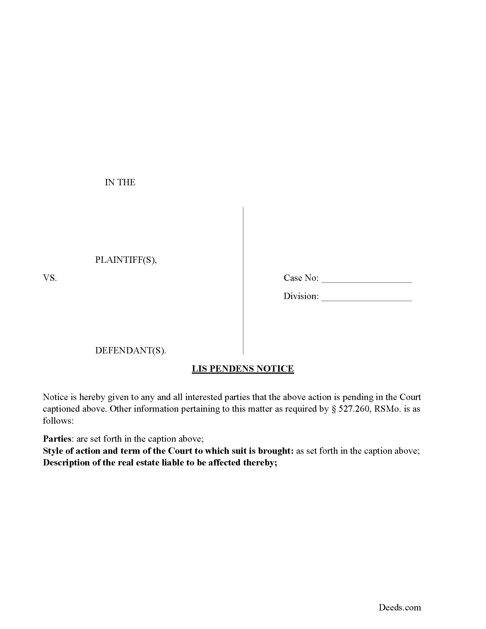 Moniteau County Lis Pendens Notice Form