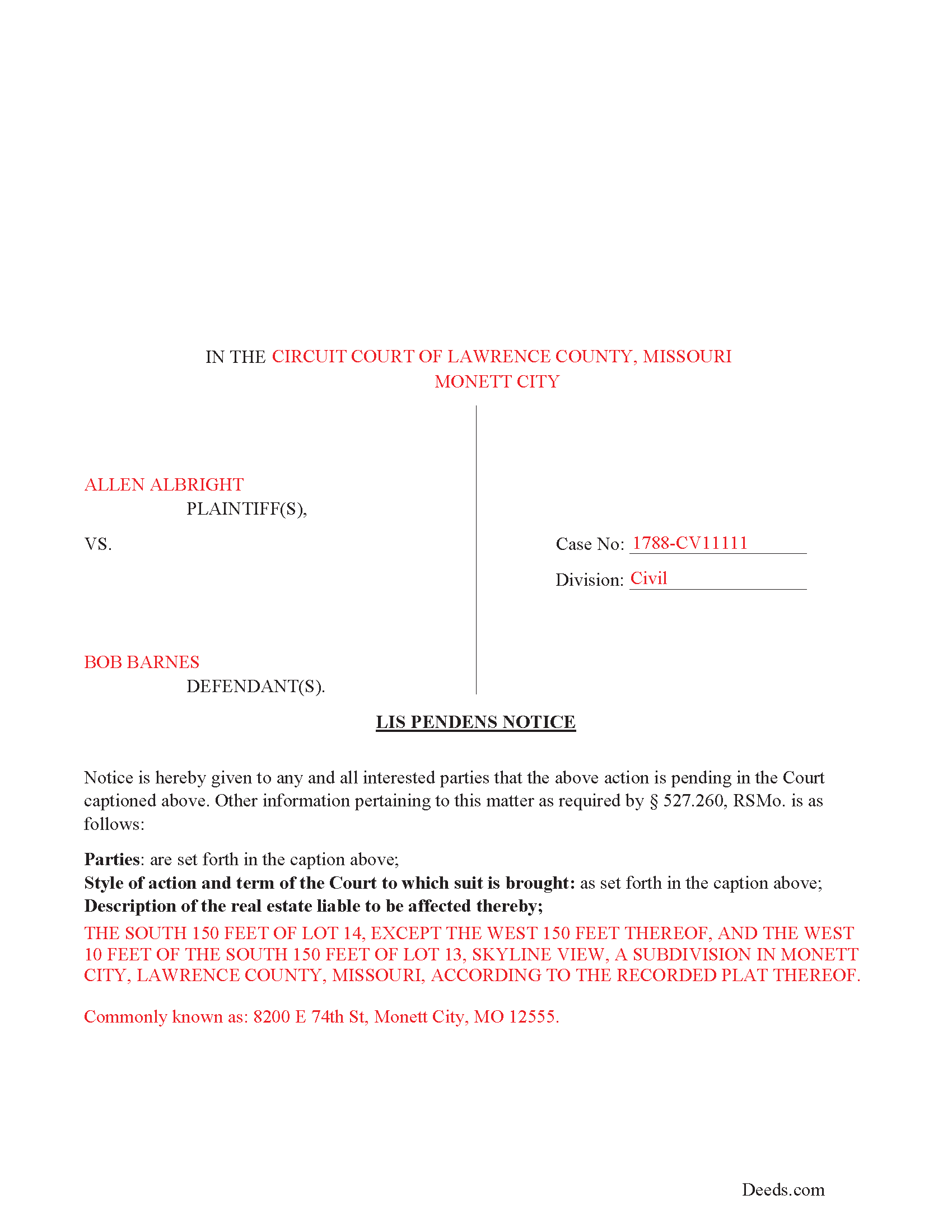 Lewis County Completed Example of the Lis Pendens Document