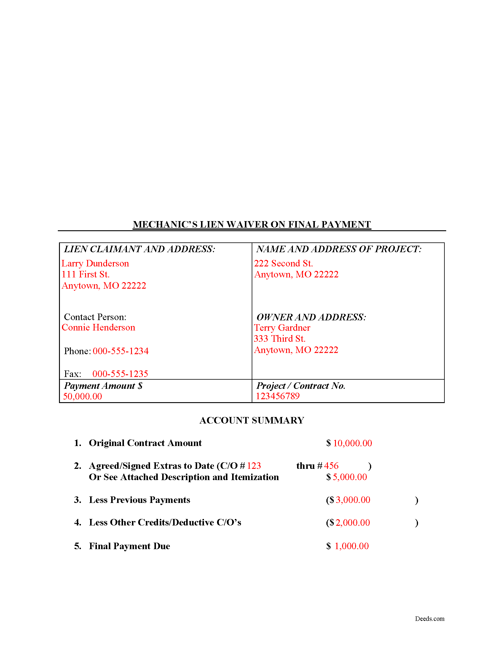 Completed Example of the Final Lien Waiver Document