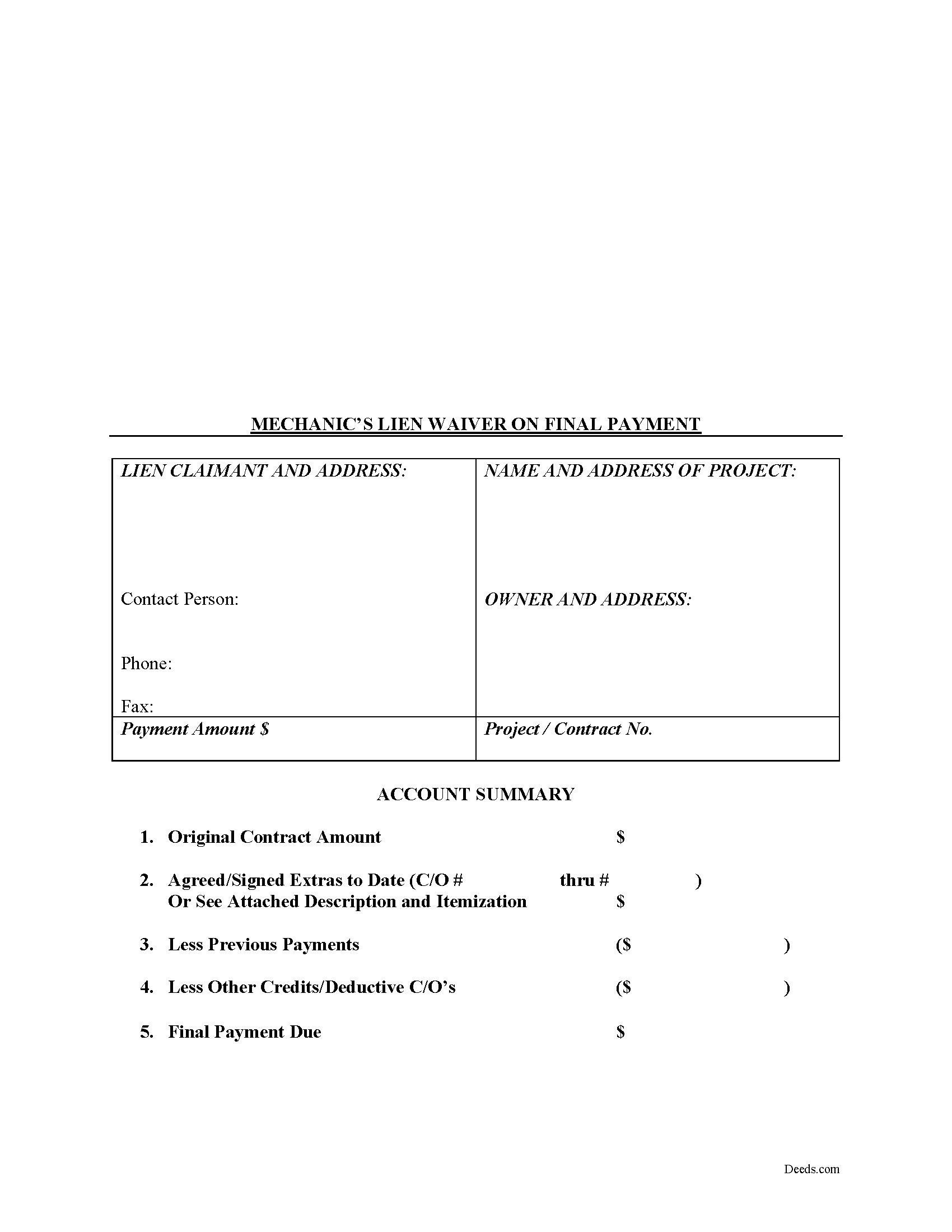 Mechanic's Lien Waiver on Final Payment Form