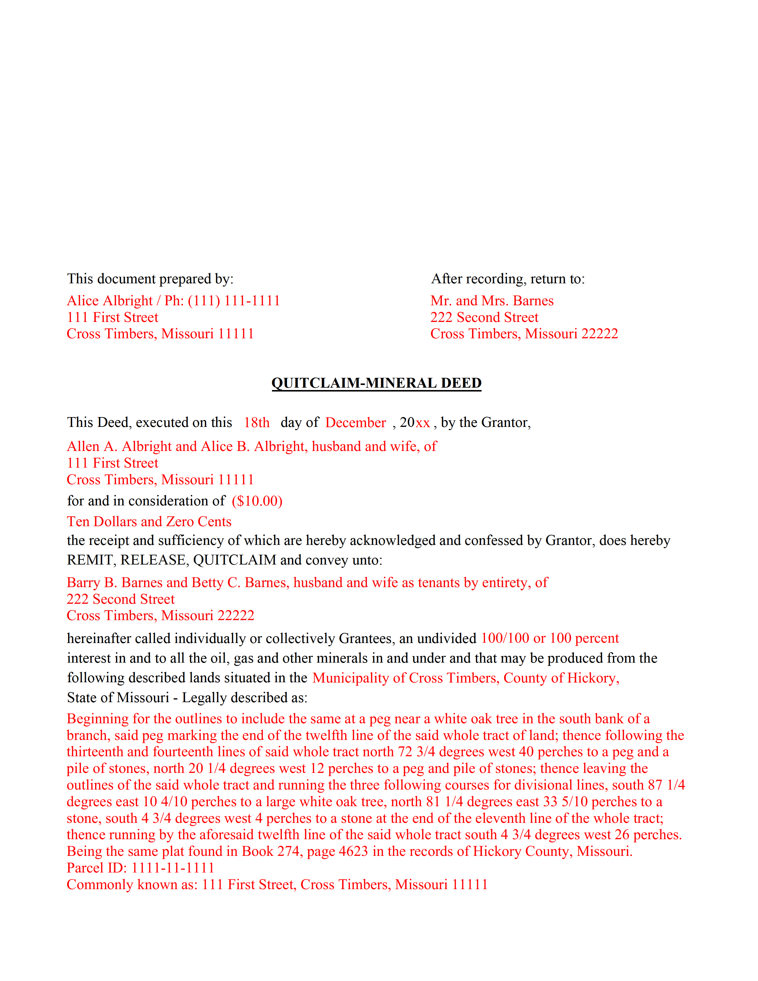 Pike County Completed Example of the Mineral Deed with Quitclaim Covenants Document