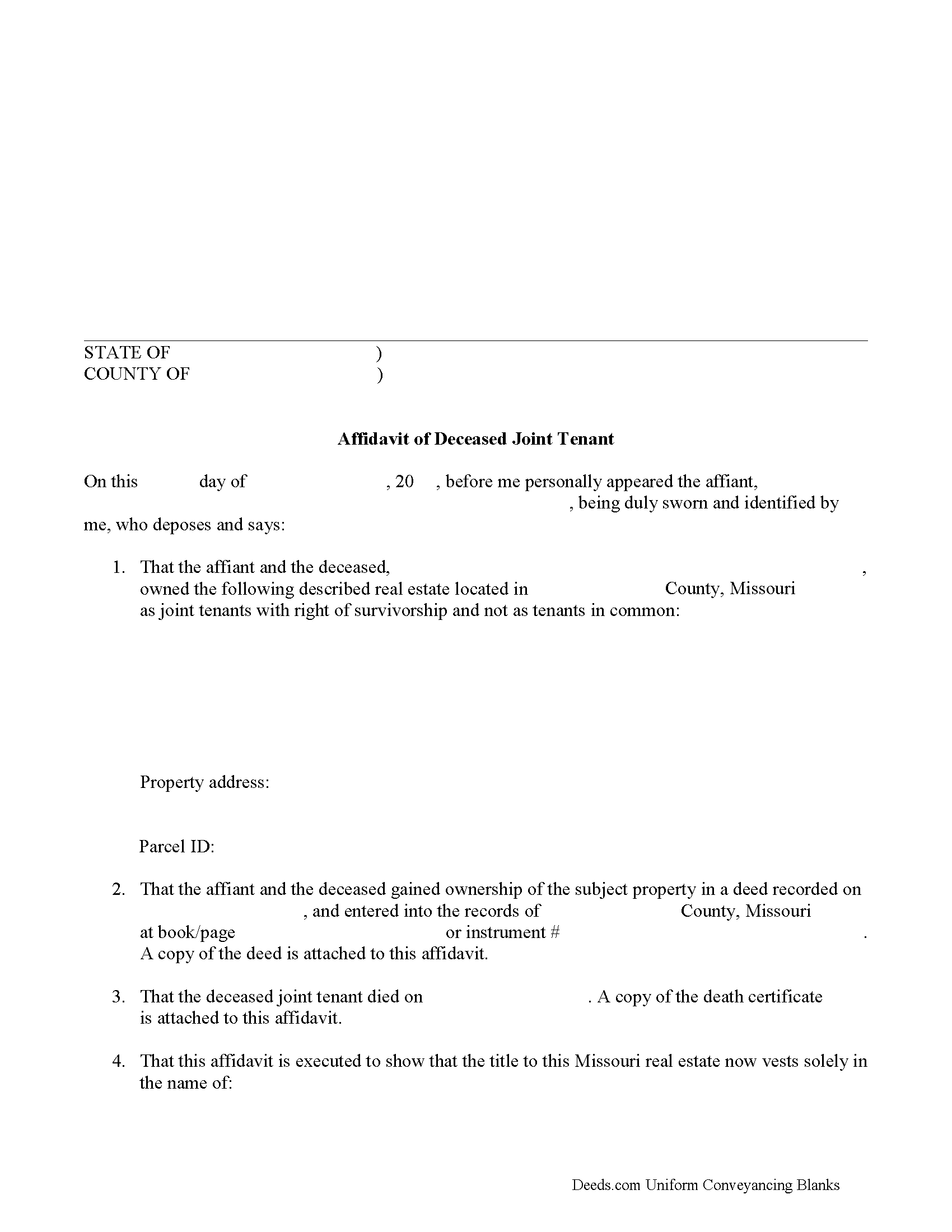 Missouri Affidavit of Deceased Joint Tenant Image