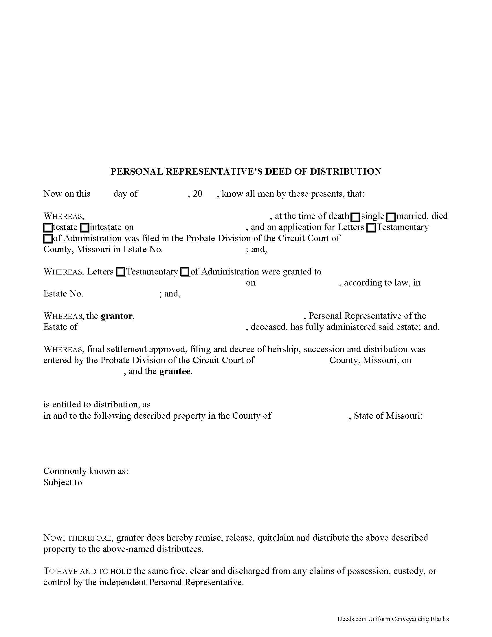 Missouri Personal Representative Deed of Distribution Image
