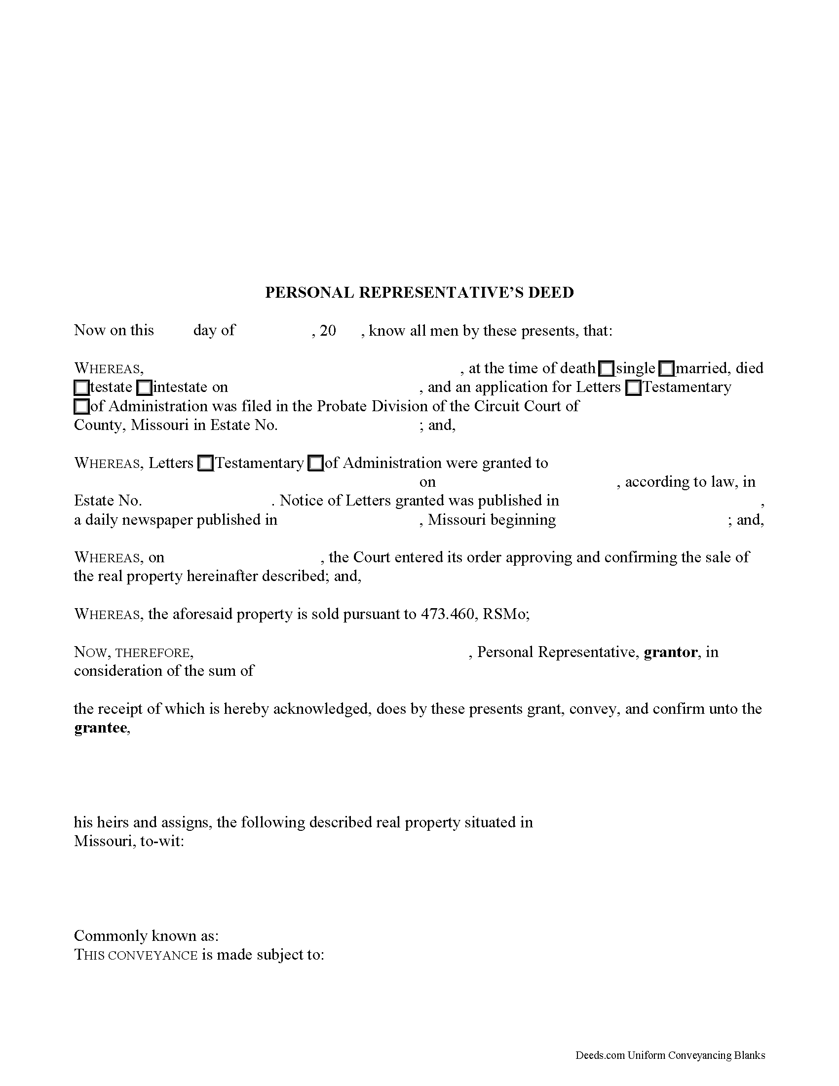 Missouri Personal Representative Deed of Sale Image