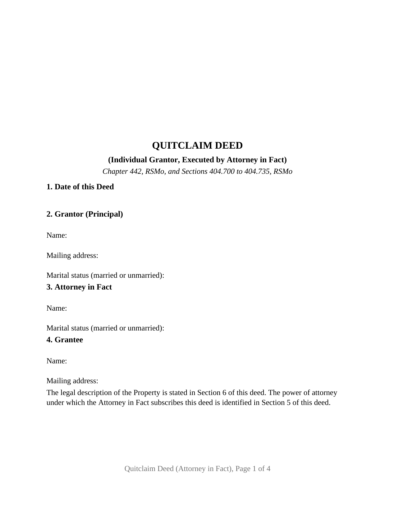 Missouri Quitclaim Deed (Individual Grantor by Attorney-in-Fact)