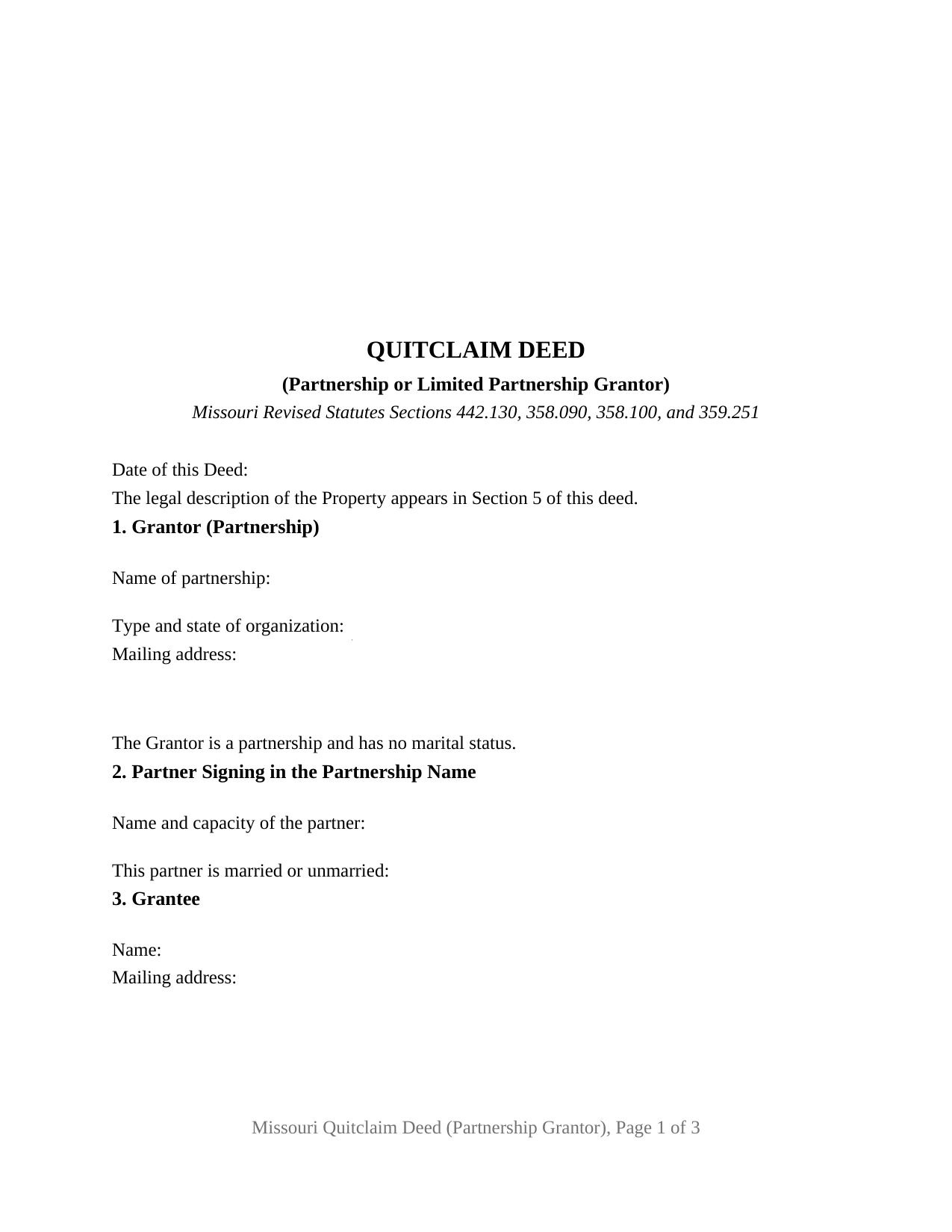 Missouri Quitclaim Deed (Partnership or Limited Partnership Grantor)