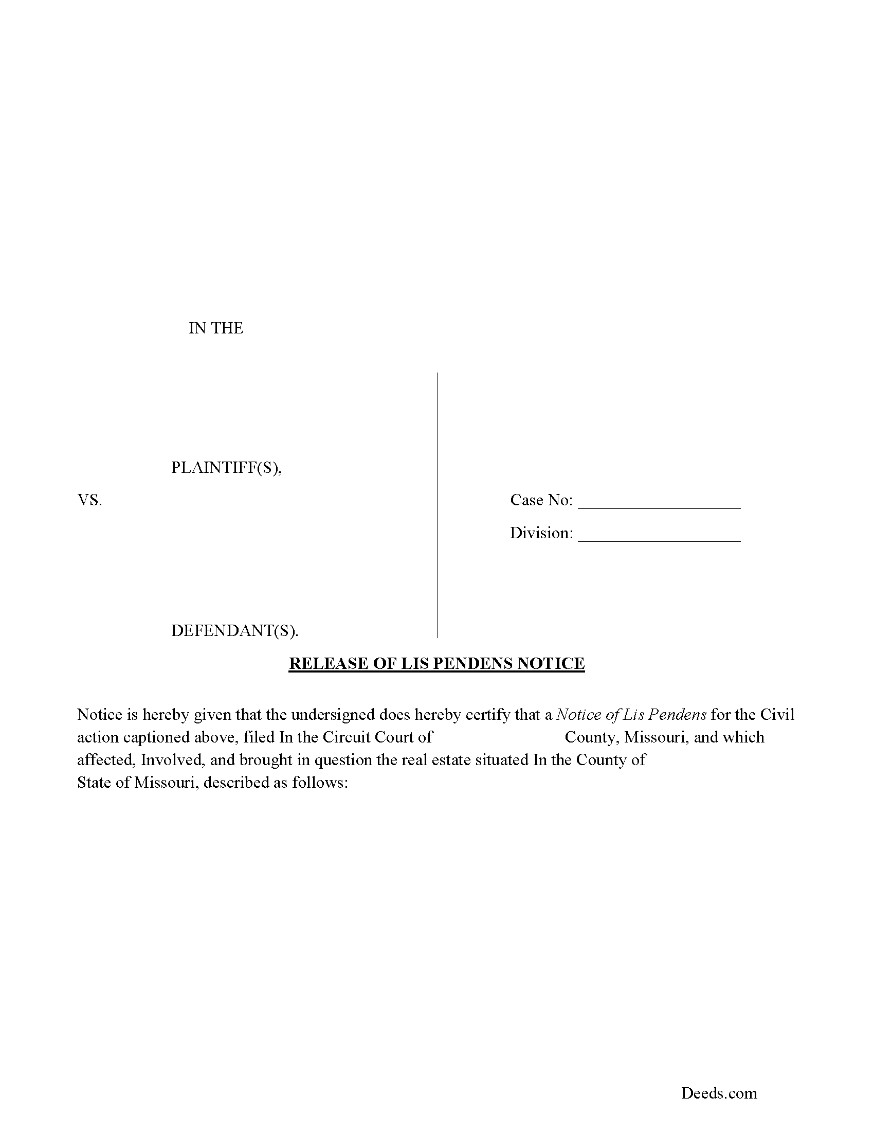 Missouri Release of Lis Pendens Notice Image