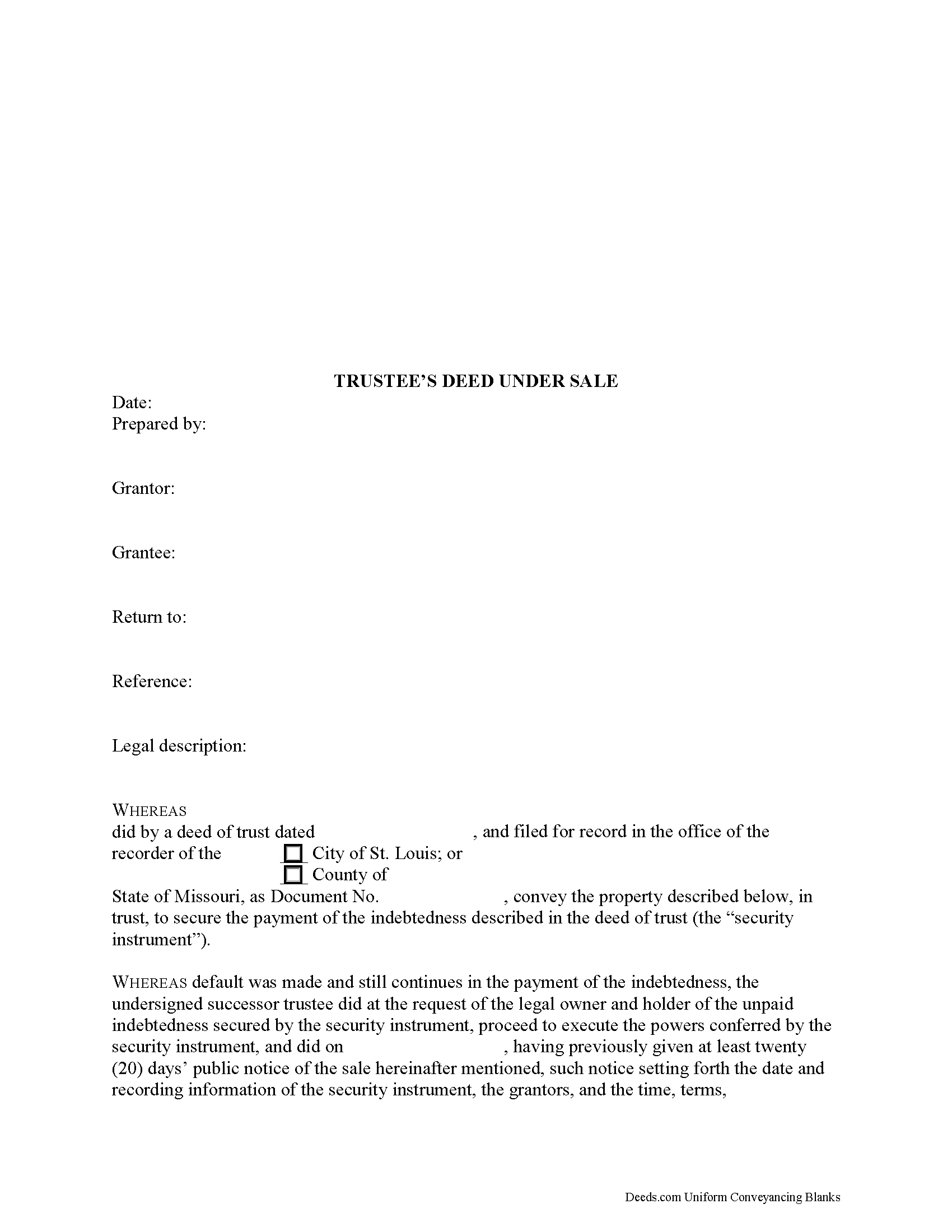 Missouri Trustee Deed Under Sale (Foreclosure)