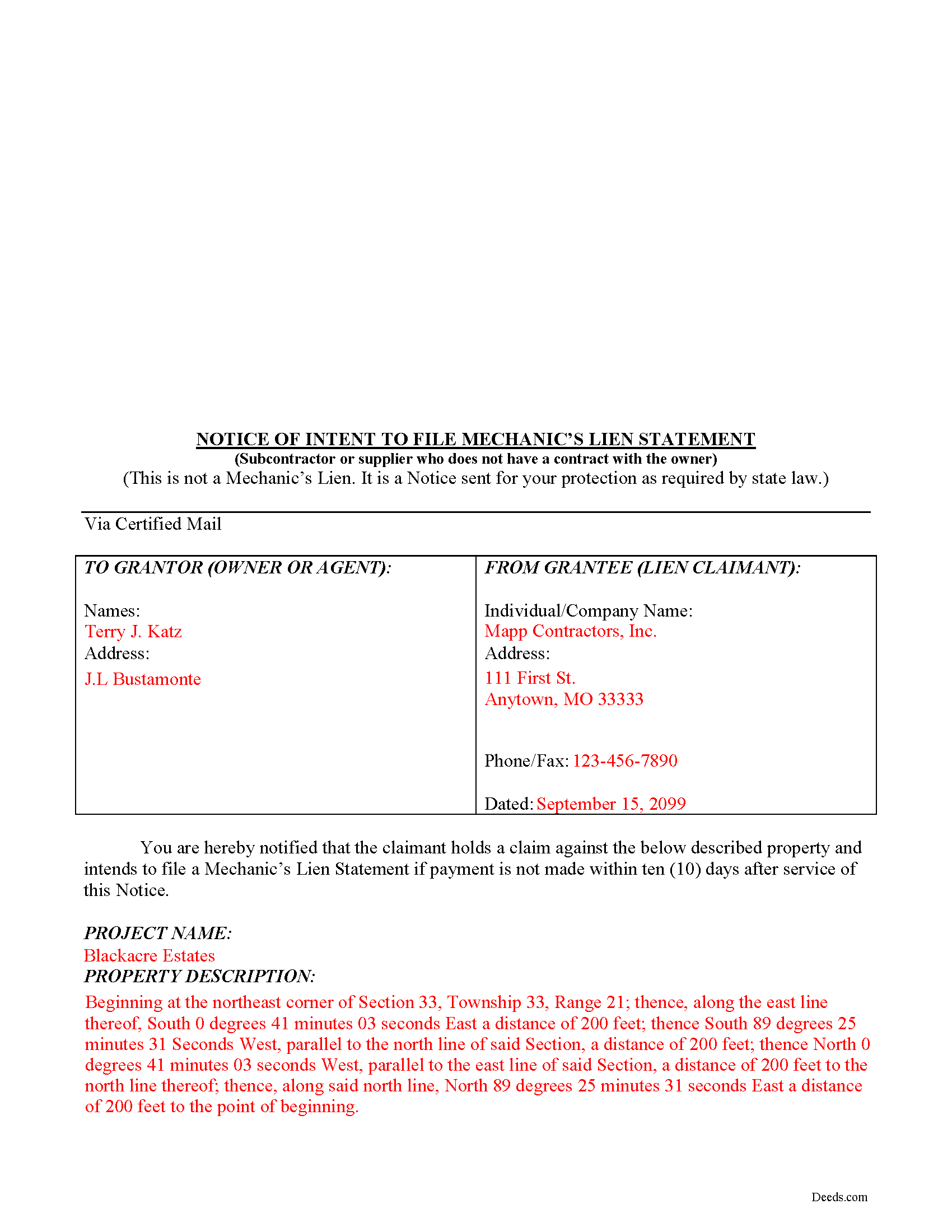 Gasconade County Completed Example of Notice of Intent Document