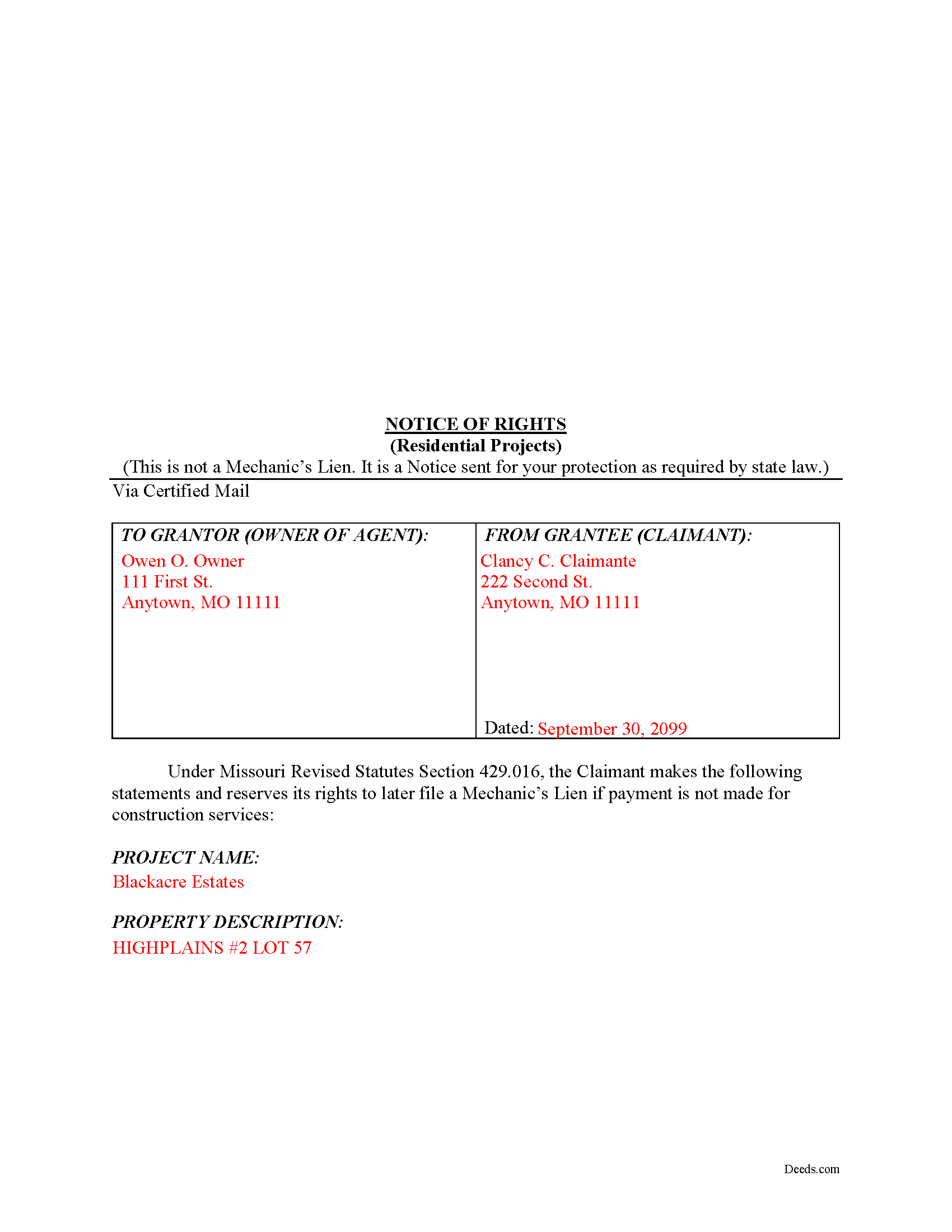 Shelby County Completed Example of the Notice of Rights Document