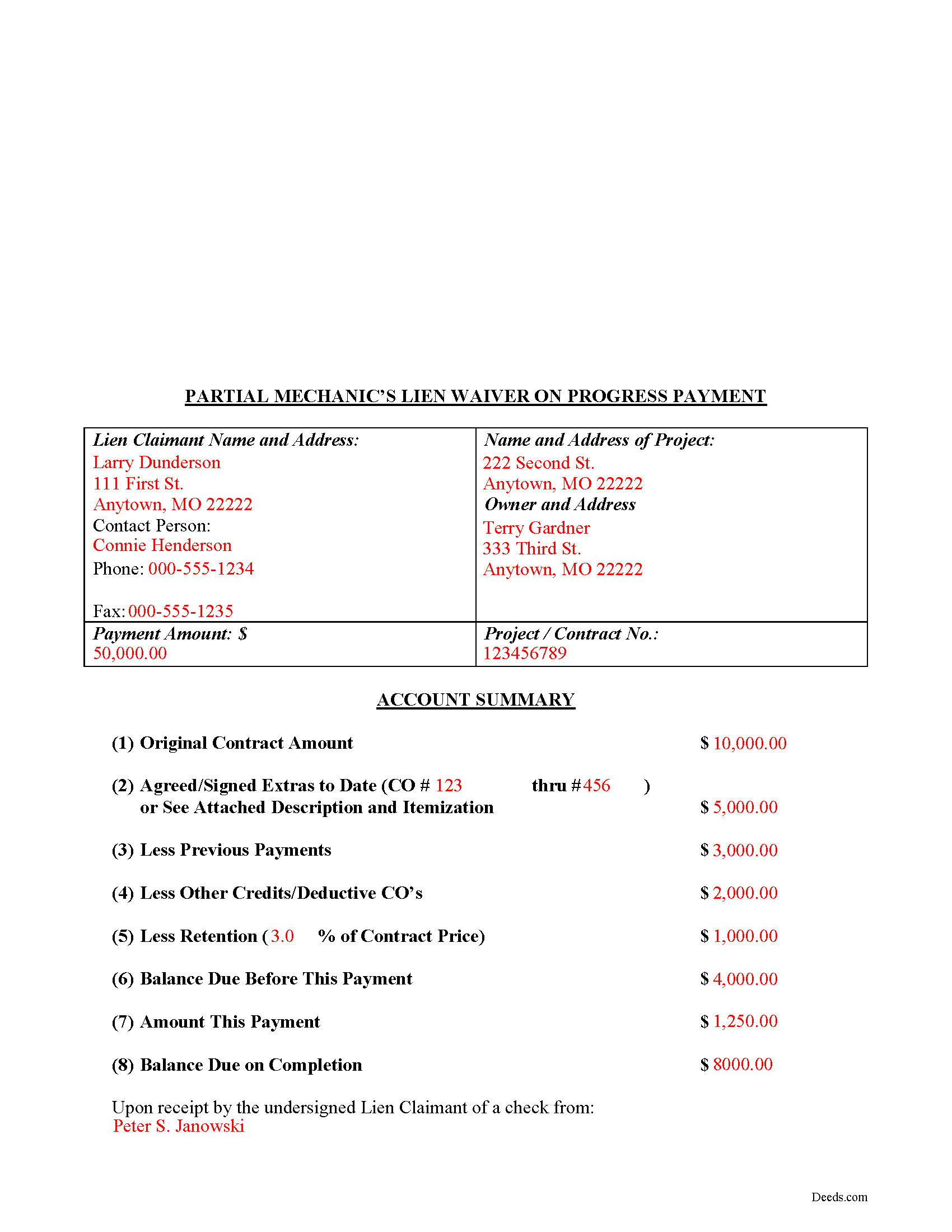 Completed Example of the Partial Lien Waiver Document