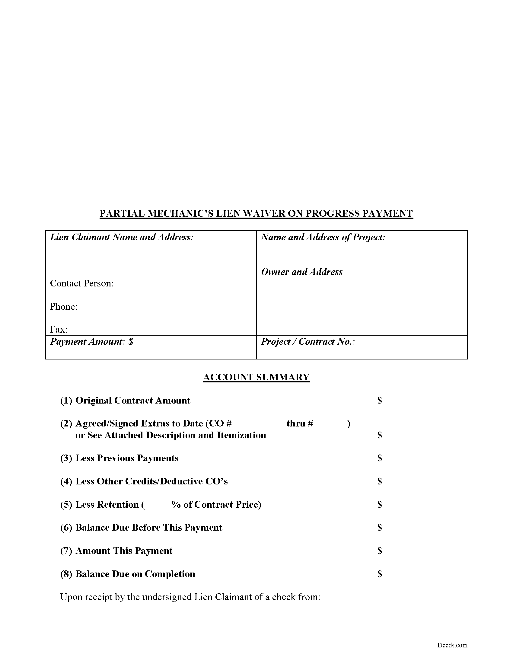 Partial Mechanic's Lien Waiver on Progress Payment Form