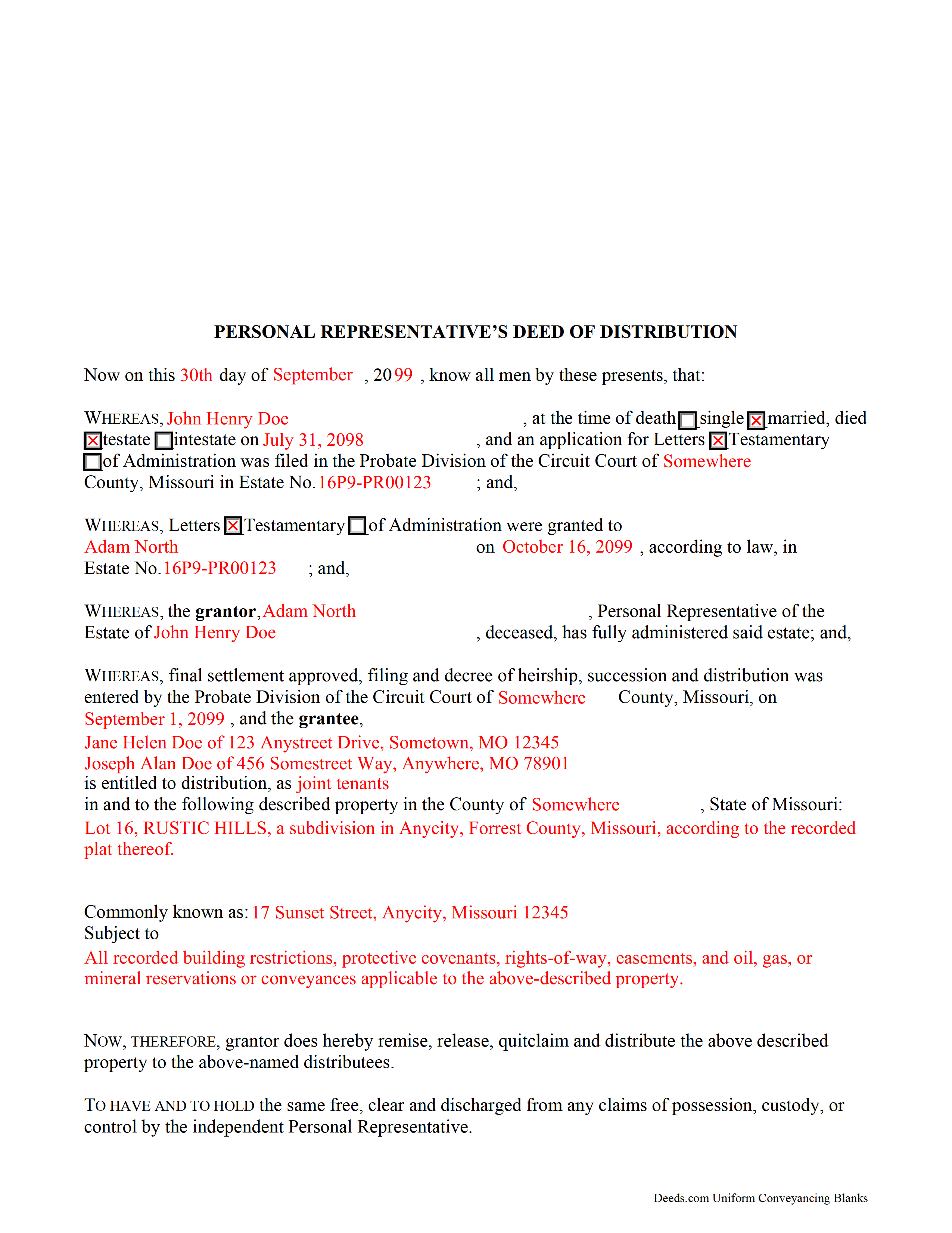 Completed Example of the Personal Representative Deed of Distribution Document
