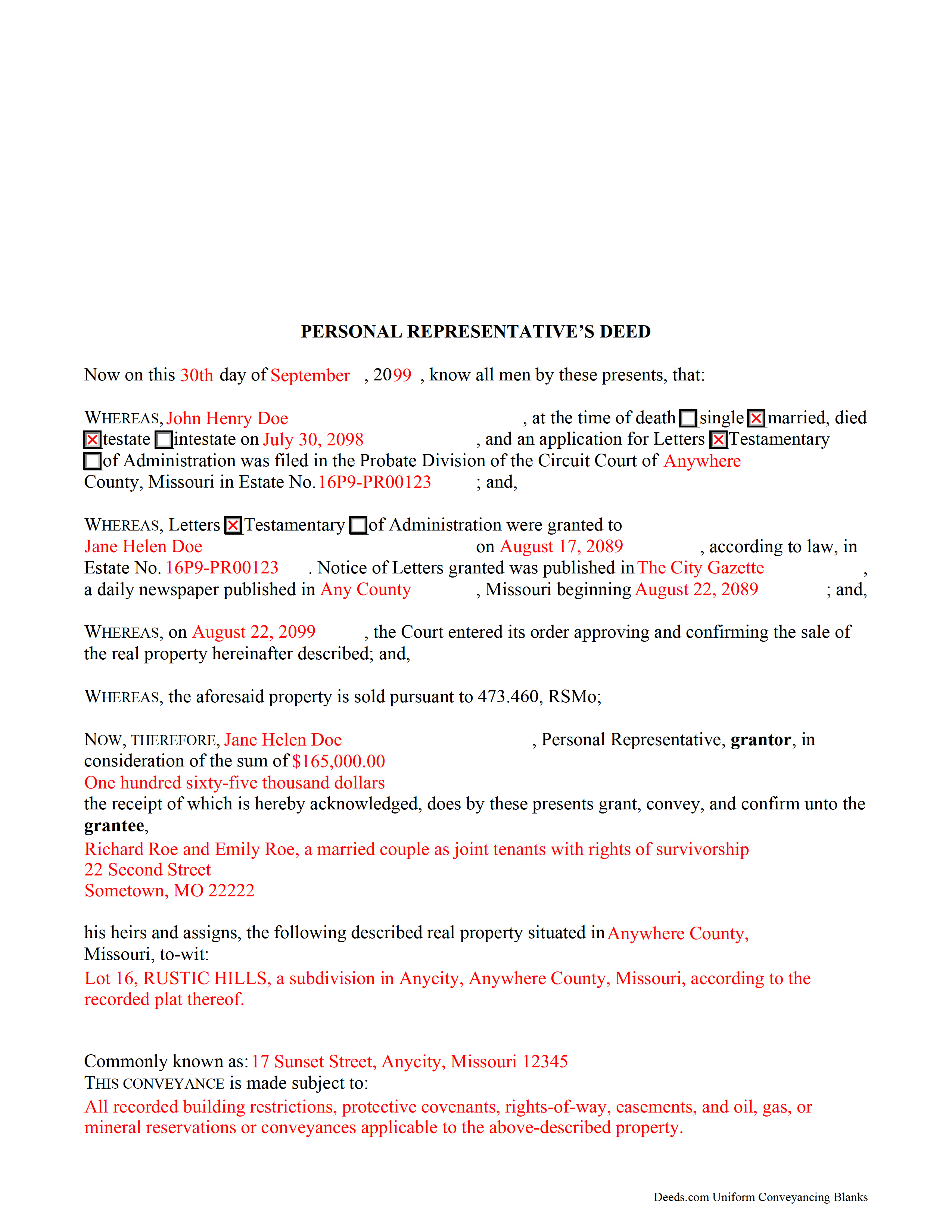 Completed Example of the Personal Representative Deed of Sale Document