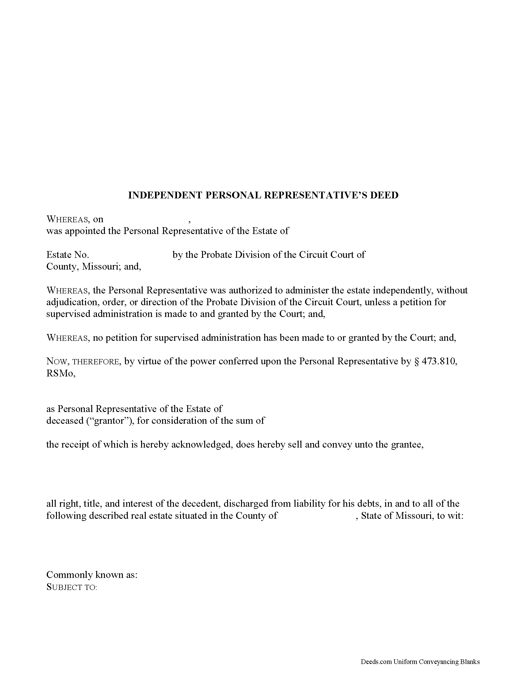 Daviess County Personal Representative Deed Form | Missouri | Deeds.com