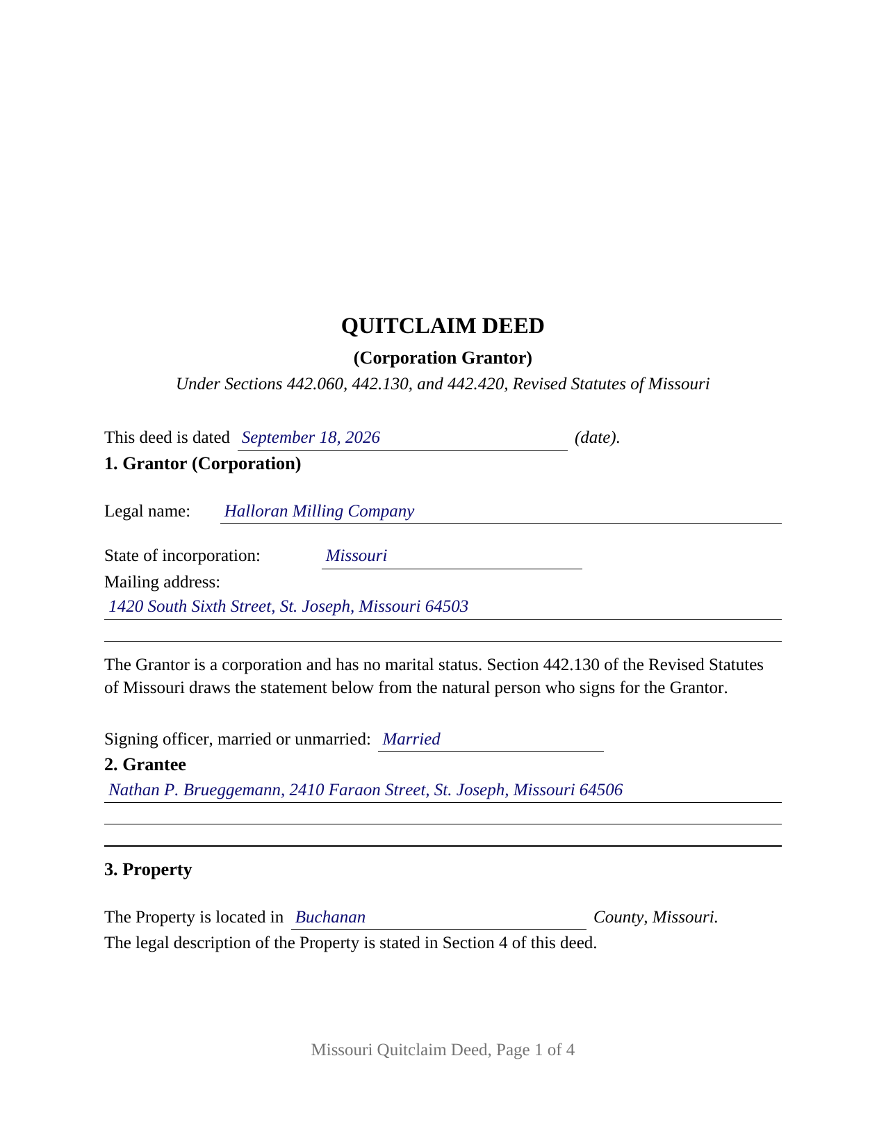 Harrison County Completed Example of the Quitclaim Deed (Corporation Grantor) Document