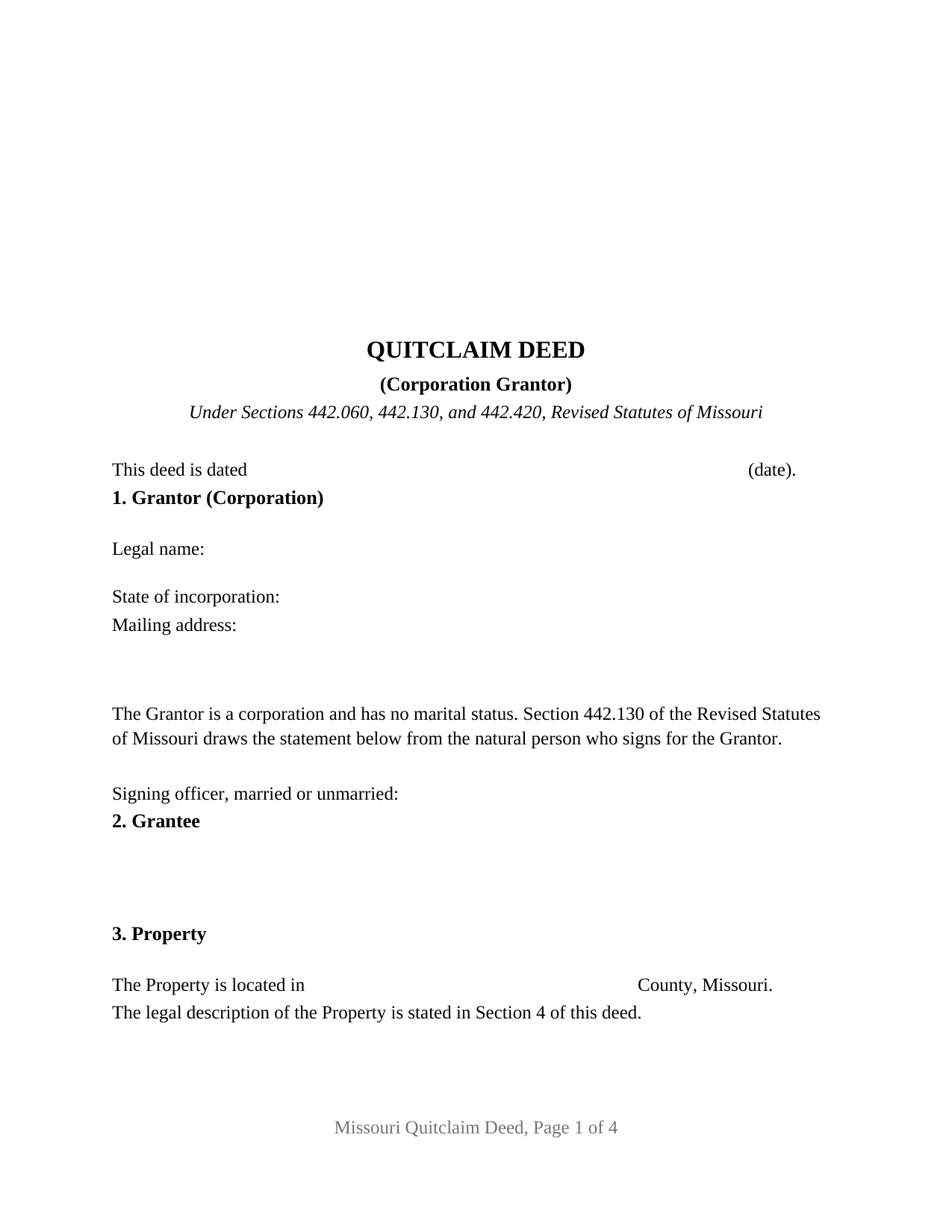 Lafayette County Quitclaim Deed (Corporation Grantor) Form