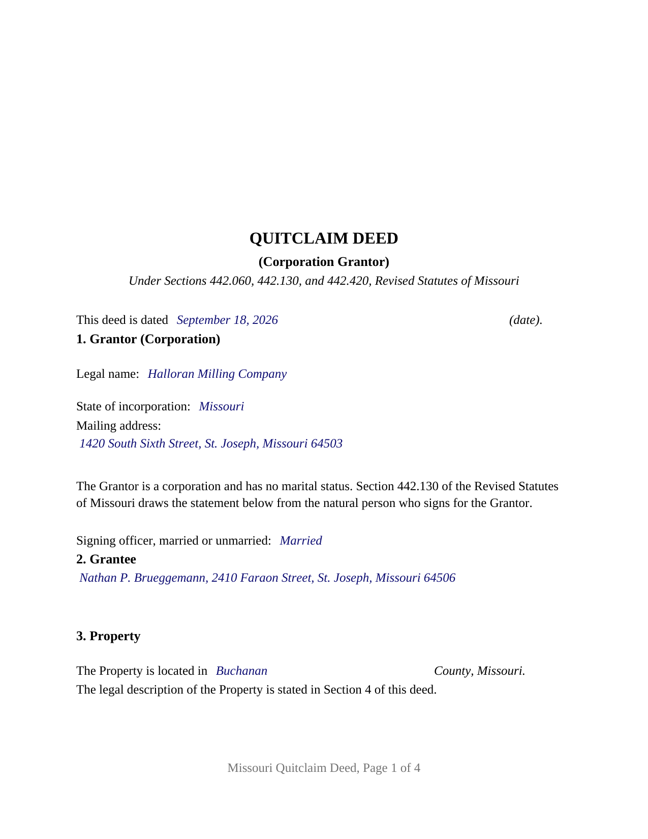 Lafayette County Completed Example of the Quitclaim Deed (Corporation Grantor) Document