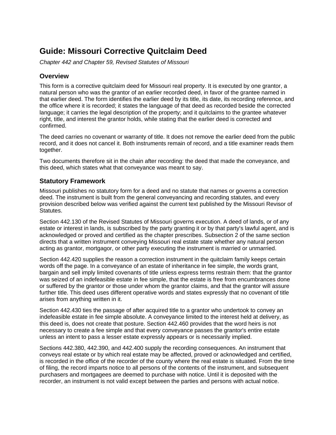 Audrain County Quitclaim Deed (Corrective) Guide
