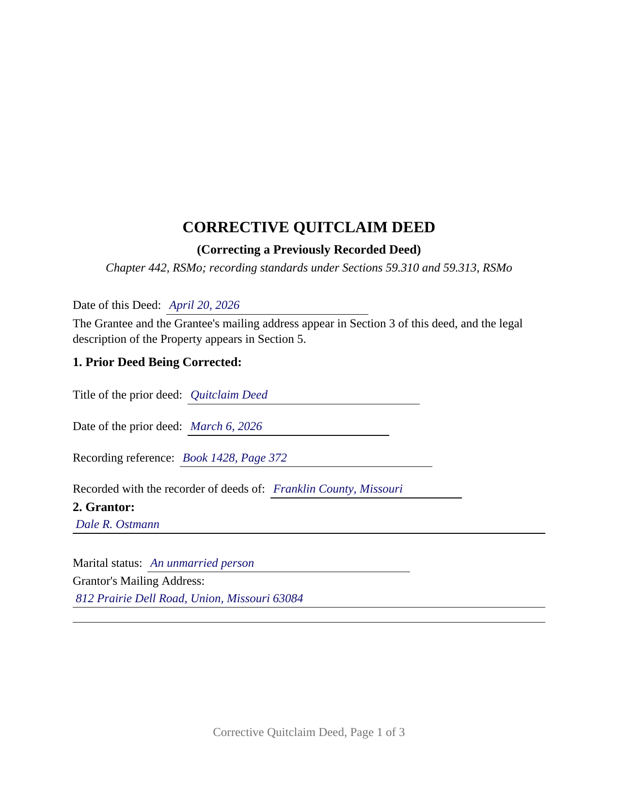 Audrain County Completed Example of the Quitclaim Deed (Corrective) Document