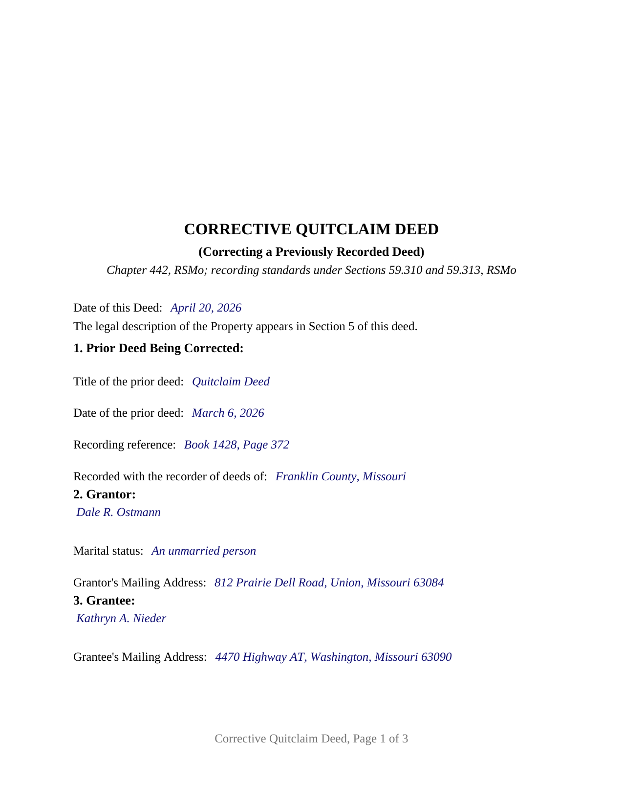 Lafayette County Completed Example of the Quitclaim Deed (Corrective) Document