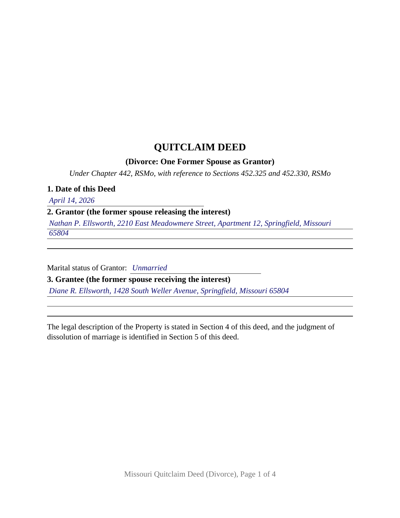 Cooper County Completed Example of the Quitclaim Deed (Divorce) Document