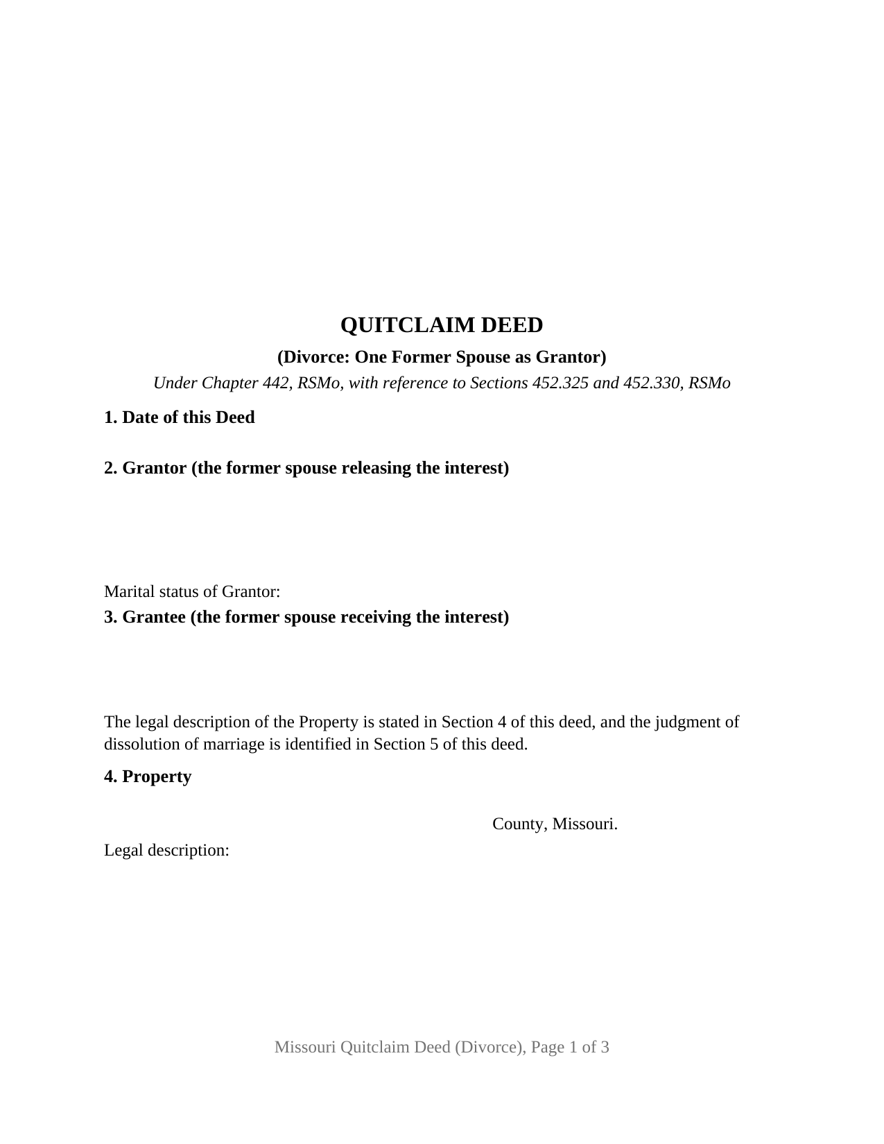 New Madrid County Quitclaim Deed (Divorce) Form